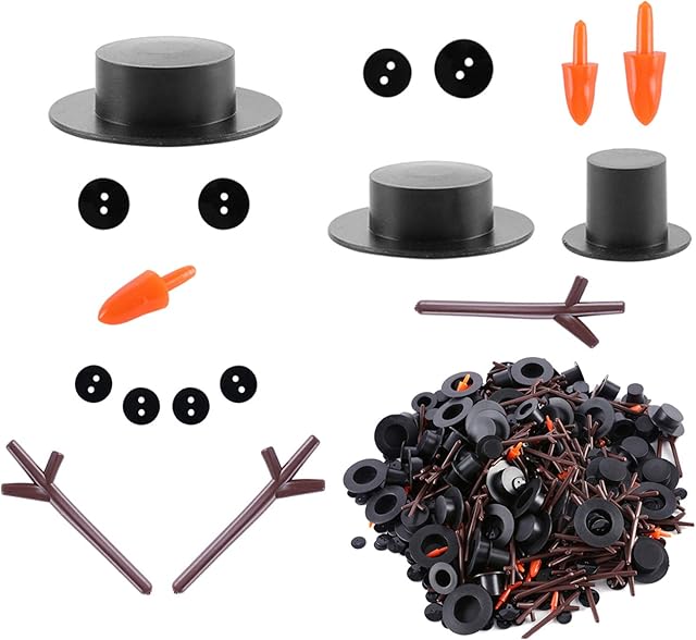 Feelfly 800 Pieces DIY Christmas Snowman Kit, Includes 80 Mini Black Top Hats, 80 Carrot Noses, 160 Snowman Hands and 480 Tiny Black Buttons for Christmas Crafting and Sewing Party Supplies (#B)