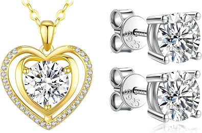 Hoaritik Diamond Gold Heart Pendant Necklace 3.0 Carat Moissanite Stud Earrings 3.0 CTW 1.5 Ct Each Jewelry Gift Set
