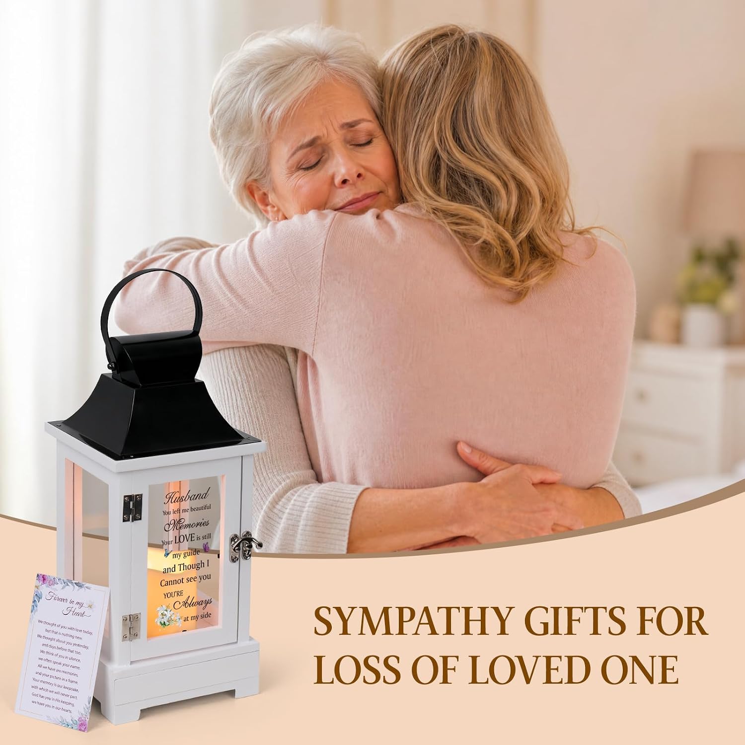 Memorial Lantern with Keepsake Drawer,Sympathy Gift for Loss of Loved One, Wooden Remembrance Lantern with Remote Flickering LED Candle & Condolence Card, Memorial Gifts for Loss of Husband,Black