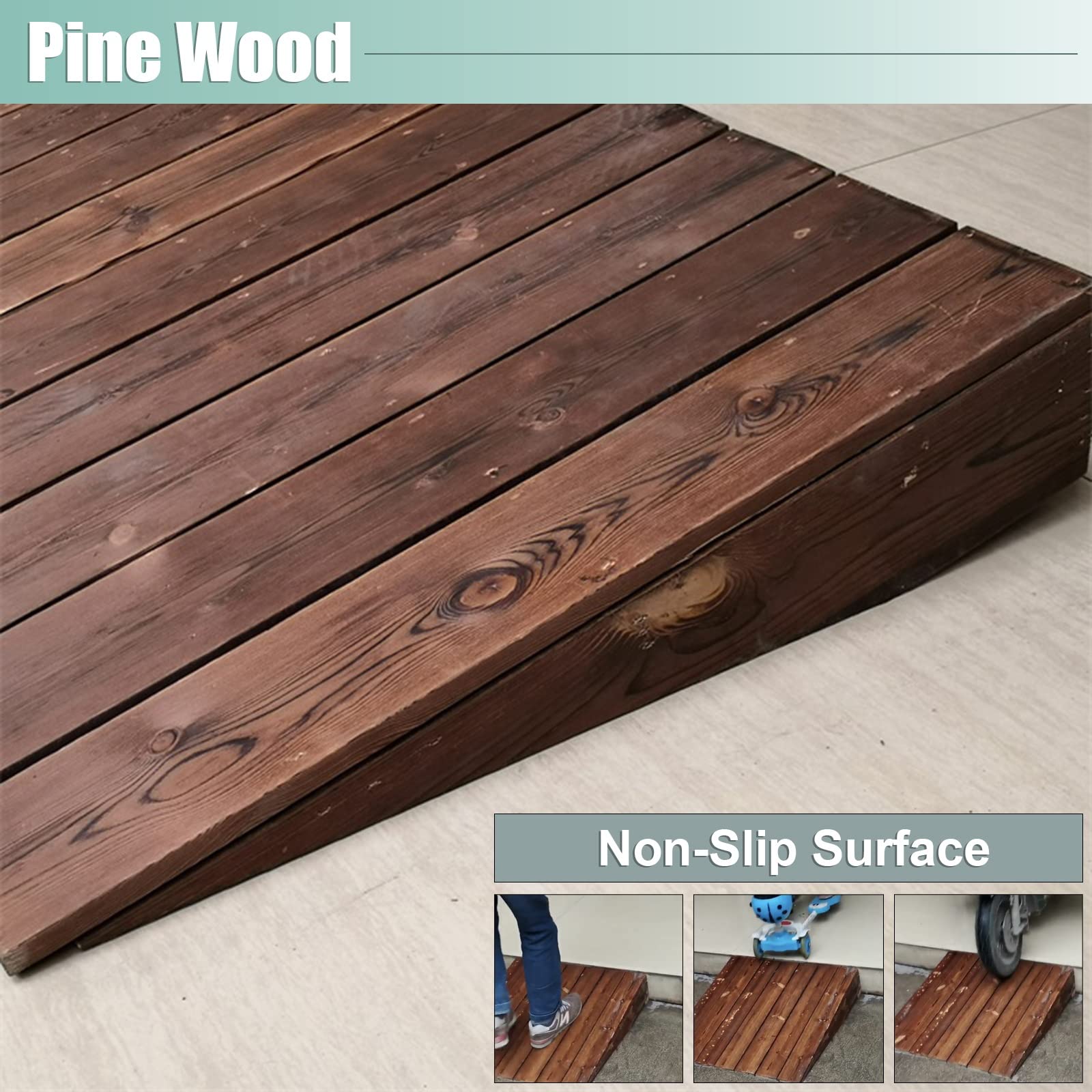 Tira de Puerta Tira de Transición Umbral de Madera/Rampa de Acera Marrón para Sillas de Ruedas Scooters, Rampa de Paso Exterior Antideslizante Grande, Elevación de 3.9"/4.7"/5.9"/7"/7.8"