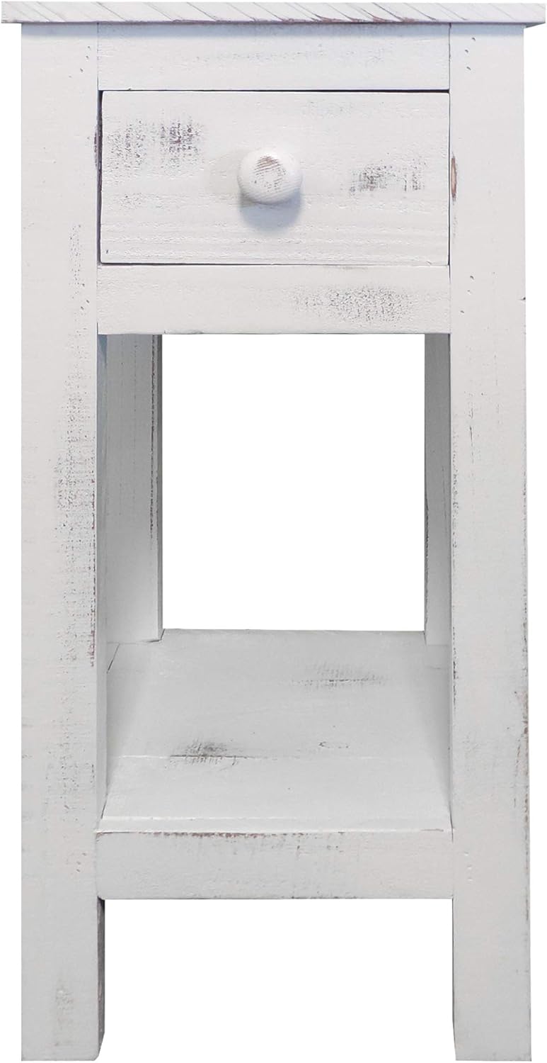 TUP The Urban Port Rough Sawn Textured Wooden Side Accent Table with Drawer, White