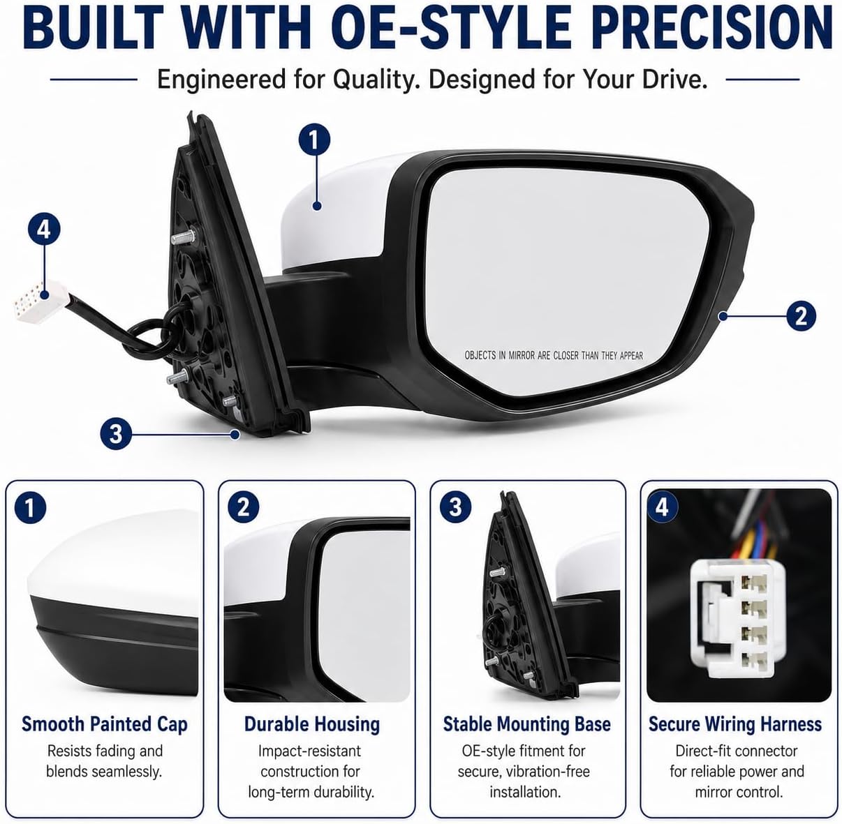 HO1321283 Door Mirror Right Passenger Side Compatible with Honda Civic LX SE Sport 2016-2021 White 3Pins 76208TBAA03ZA