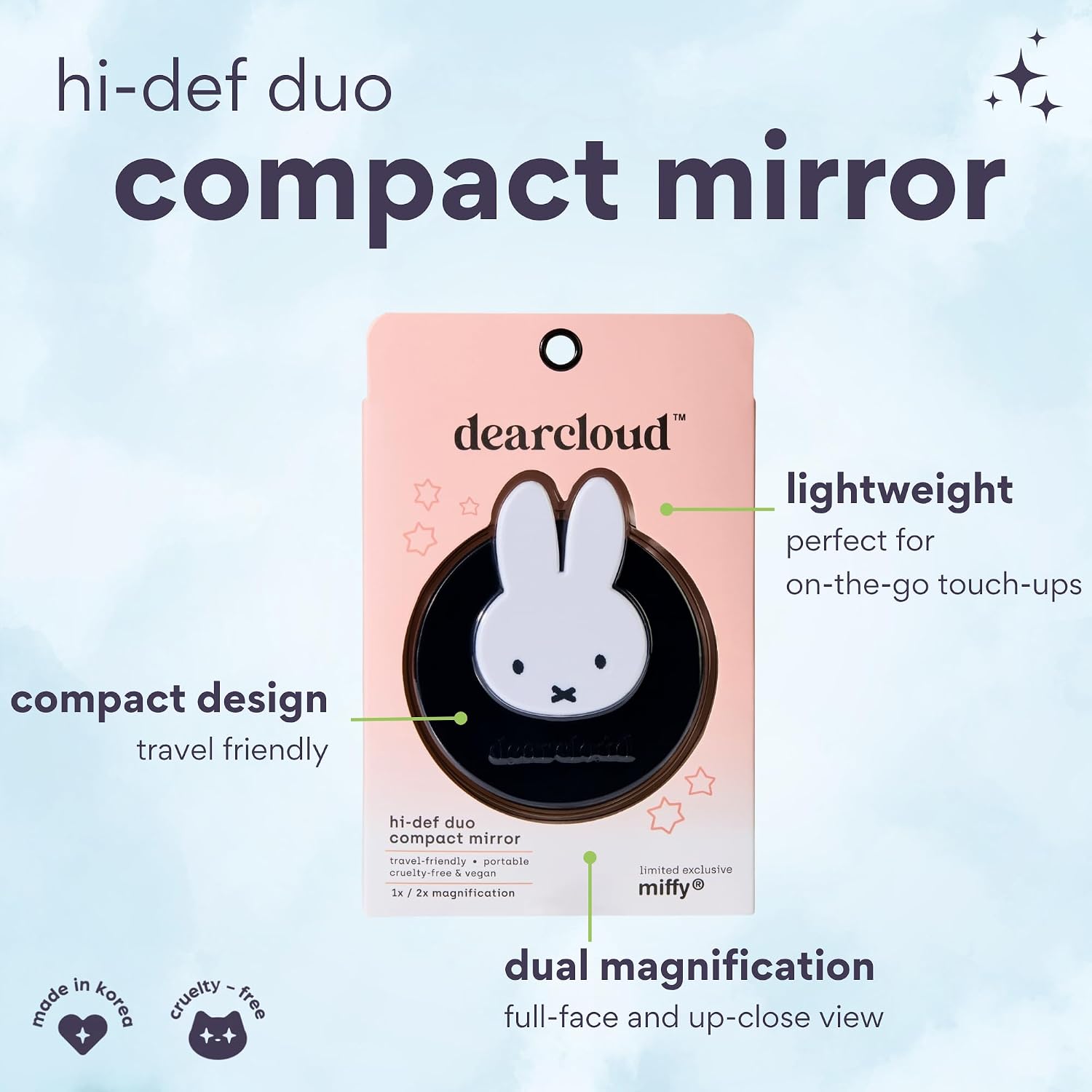 dearcloud Miffy Hi-Def Duo Compact Mirror - Travel-Friendly, Dual Magnification