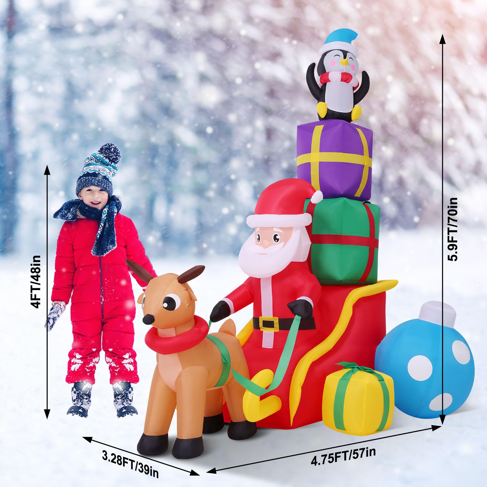 AKEYDIY Décorations de Noël gonflables pour cour – Père Noël renne sur traîneau – Décorations de Noël gonflables avec lumières DEL intégrées pour maison, cour, jardin, pelouse, fête, centres