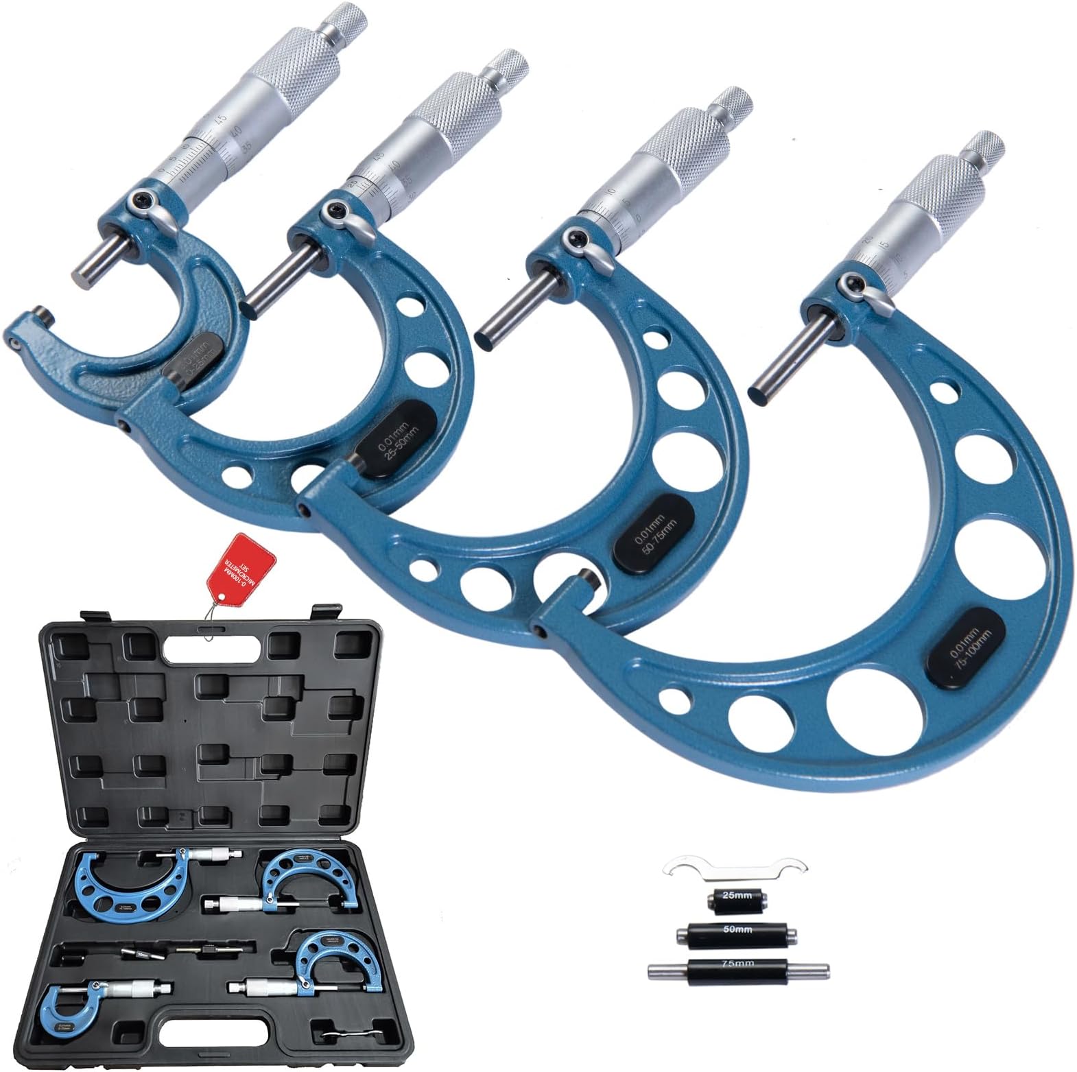 Beslands External Micrometer Set of 4, Outside Metric Micrometer(0-25mm;25-50mm;50-75mm;75-100mm), 0.01mm Graduation Precision Measuring Calipers