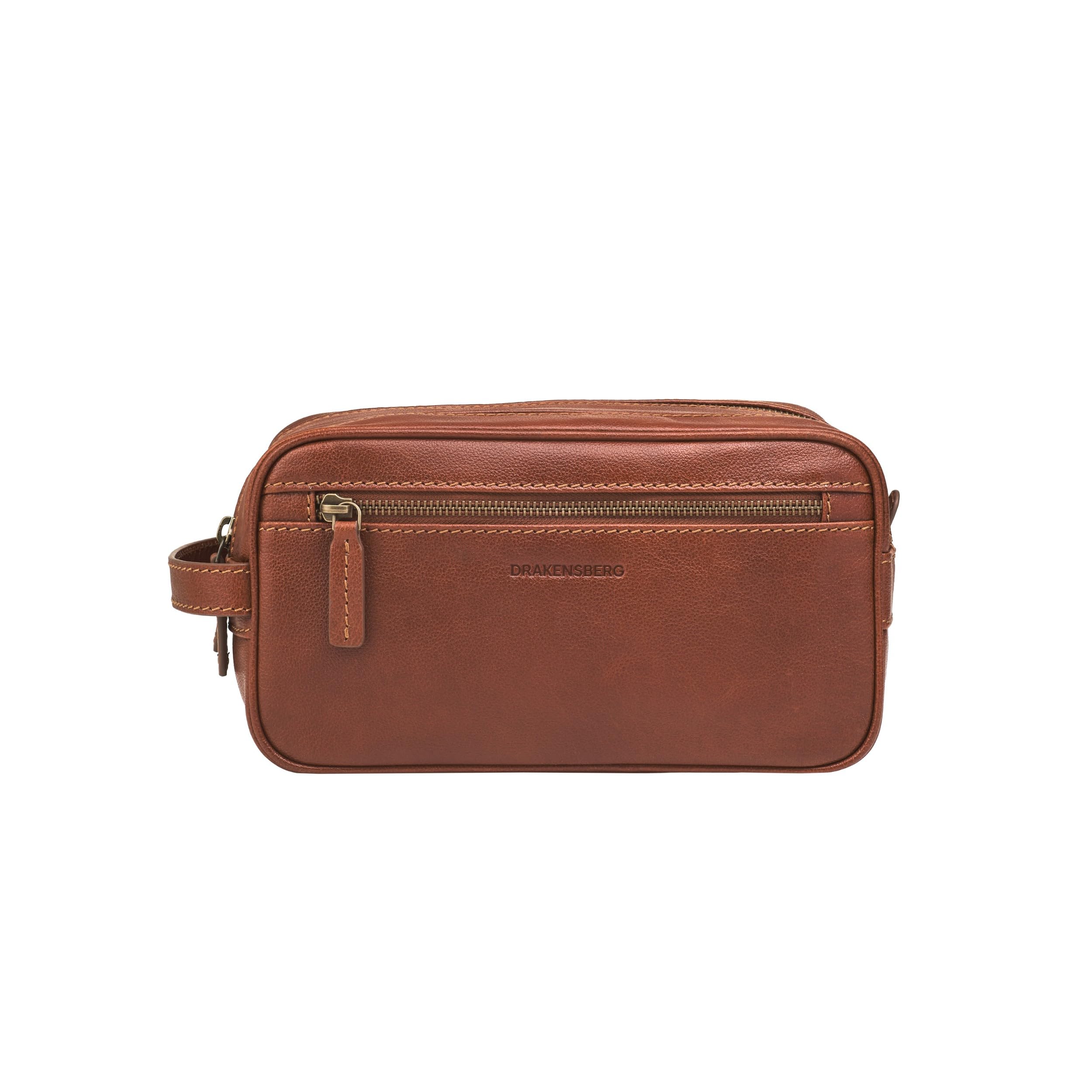 DRAKENSBERG Beauty case in pelle 'Enrico', marrone castagno, 5L, 2 scomparti con cerniera, trousse da uomo