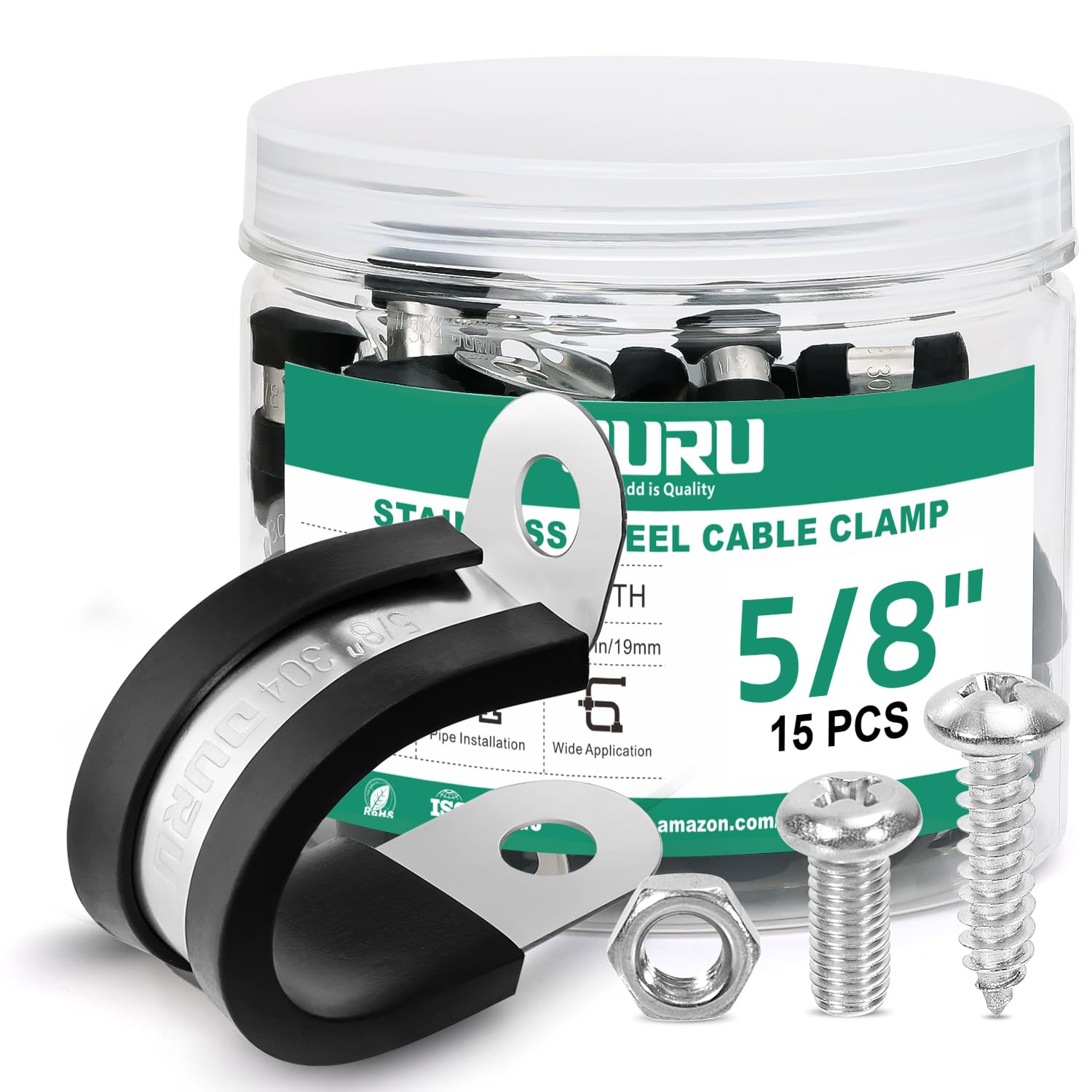 OURU 15PCS 5/8 Inch Cable Clamps with 35PCS Screws Assortment Kit 304 Stainless Steel Rubber Cushioned Insulated Cable Clamp, Automotive Wire Pipe
