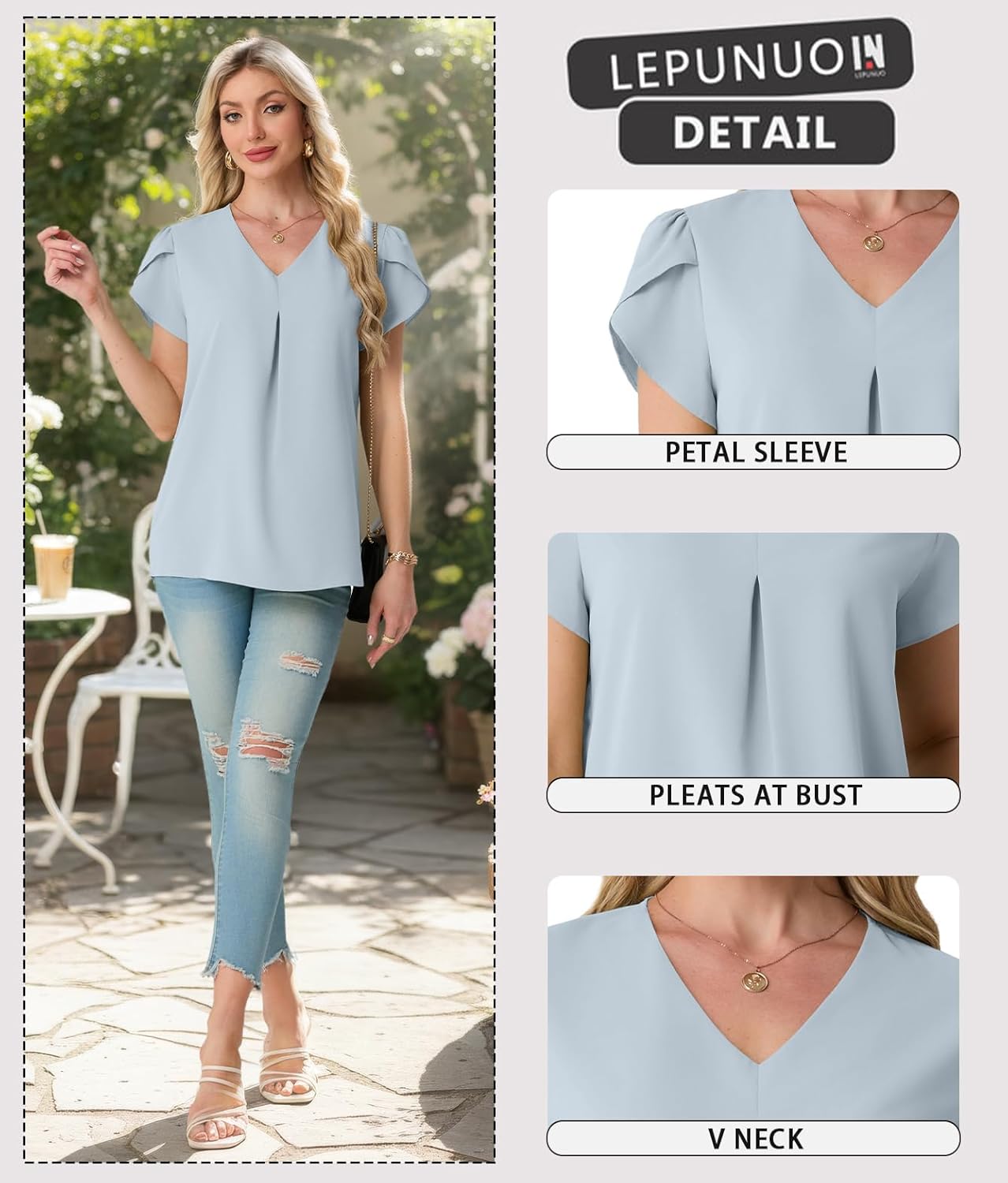Lepunuo Womens Spring Tops Summer Dressy Casual V Neck Short Sleeve Blouses Flowy Shirts Business Work Tunic Tops - Image 3