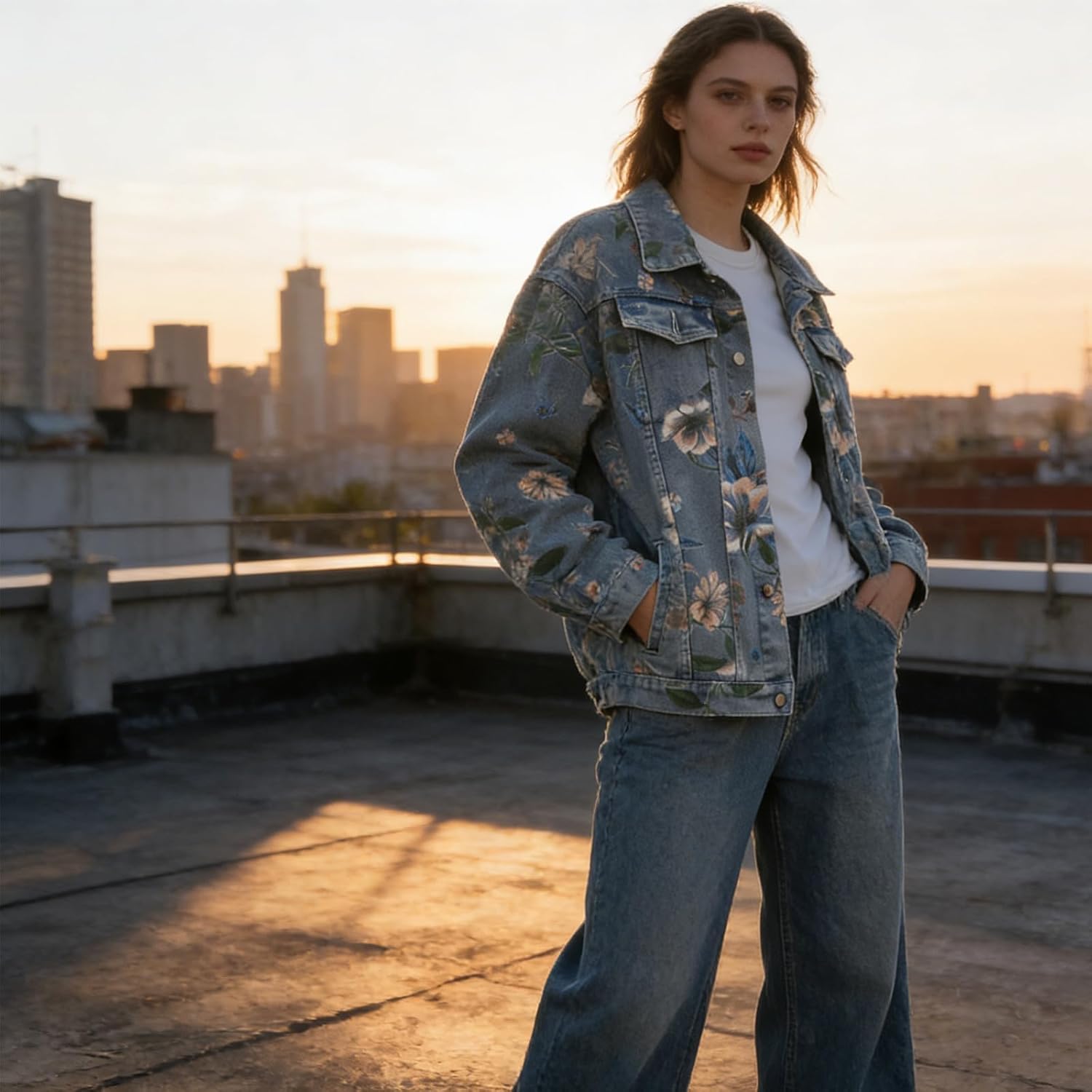 Mens Floral Print Denim Jacket Couple Oversized Jean Coat Unisex Basic Jacket - Image 6