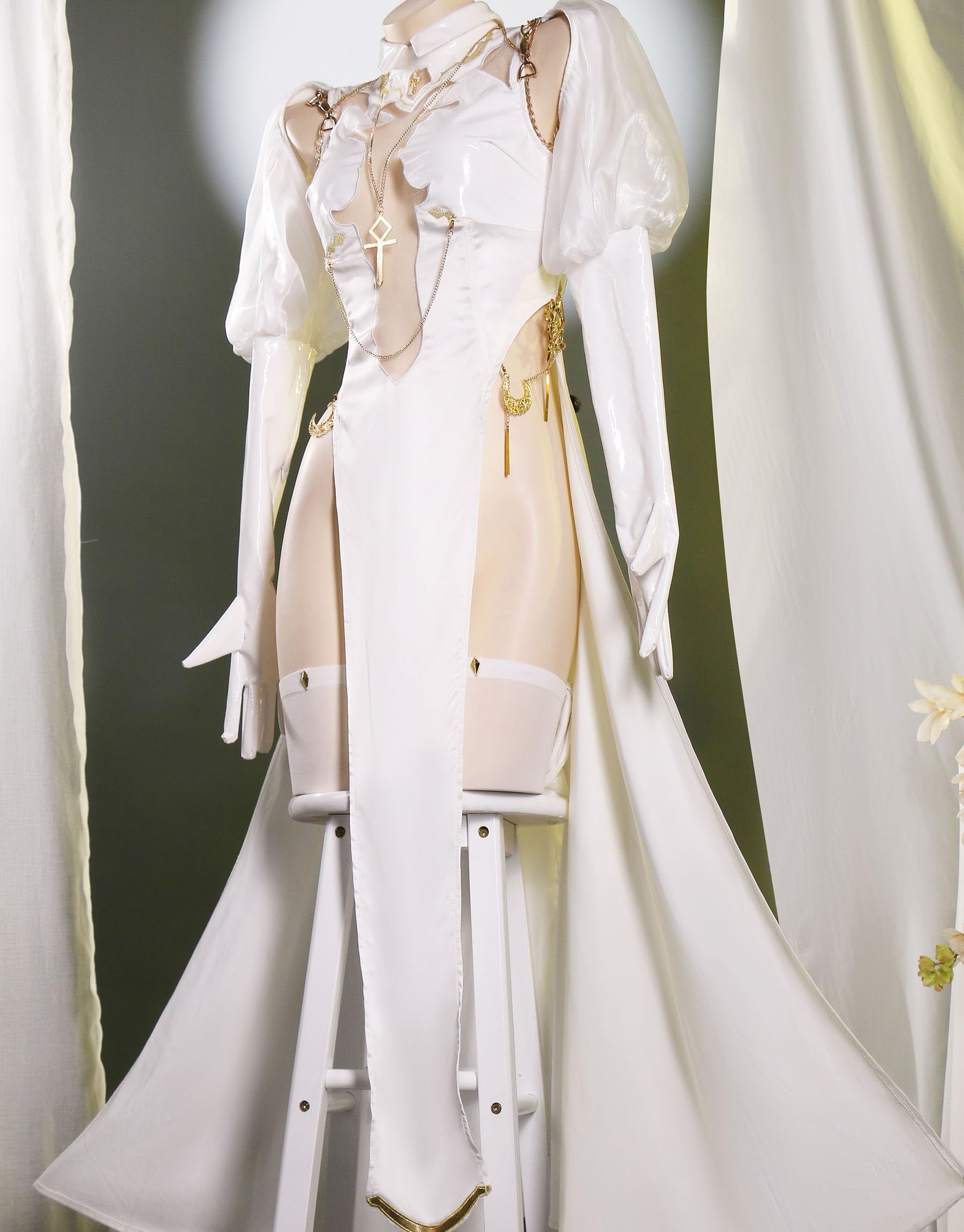 Mobbunny Women Nun Cosplay Lingerie Costume Halloween High Slit Dress Set with Veil Necklace Socks