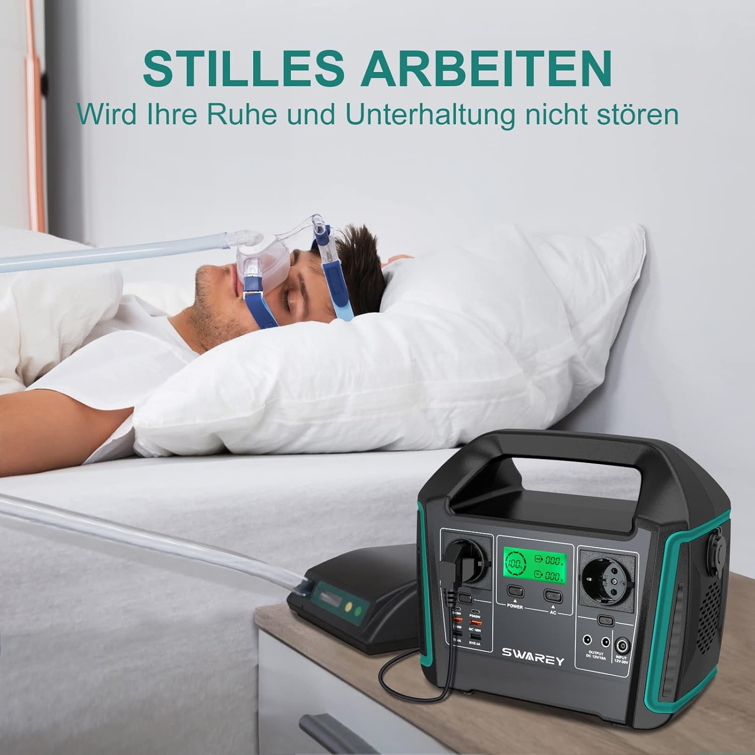 SWAREY S1000 operating quietly next to a bed, powering a CPAP machine