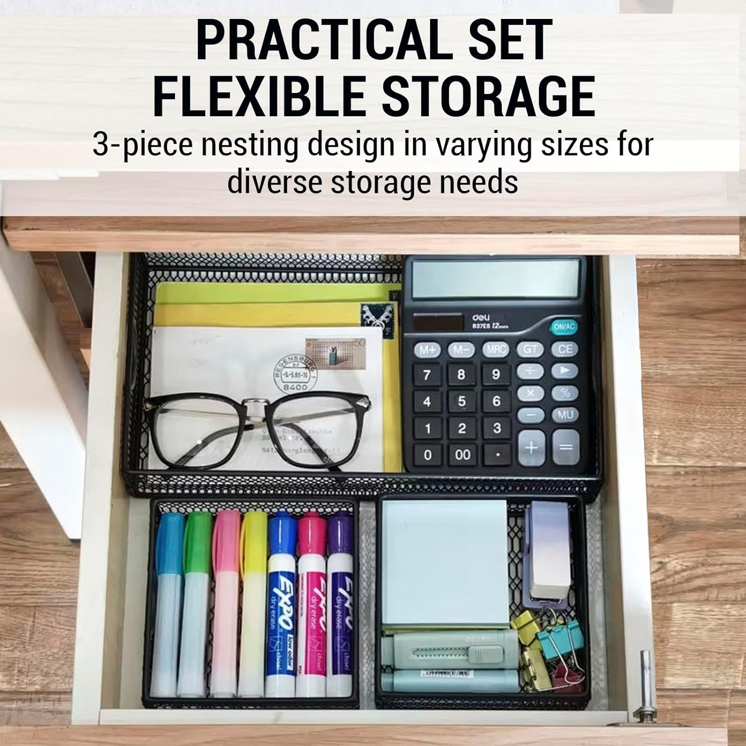 MyGift Modern Geometric Diamond Pattern Black Metal Wire Tabletop Organizer Trays, Office Desk Supplies Nesting Bins, Makeup Accessories Drawer Storage, 3 Piece Set