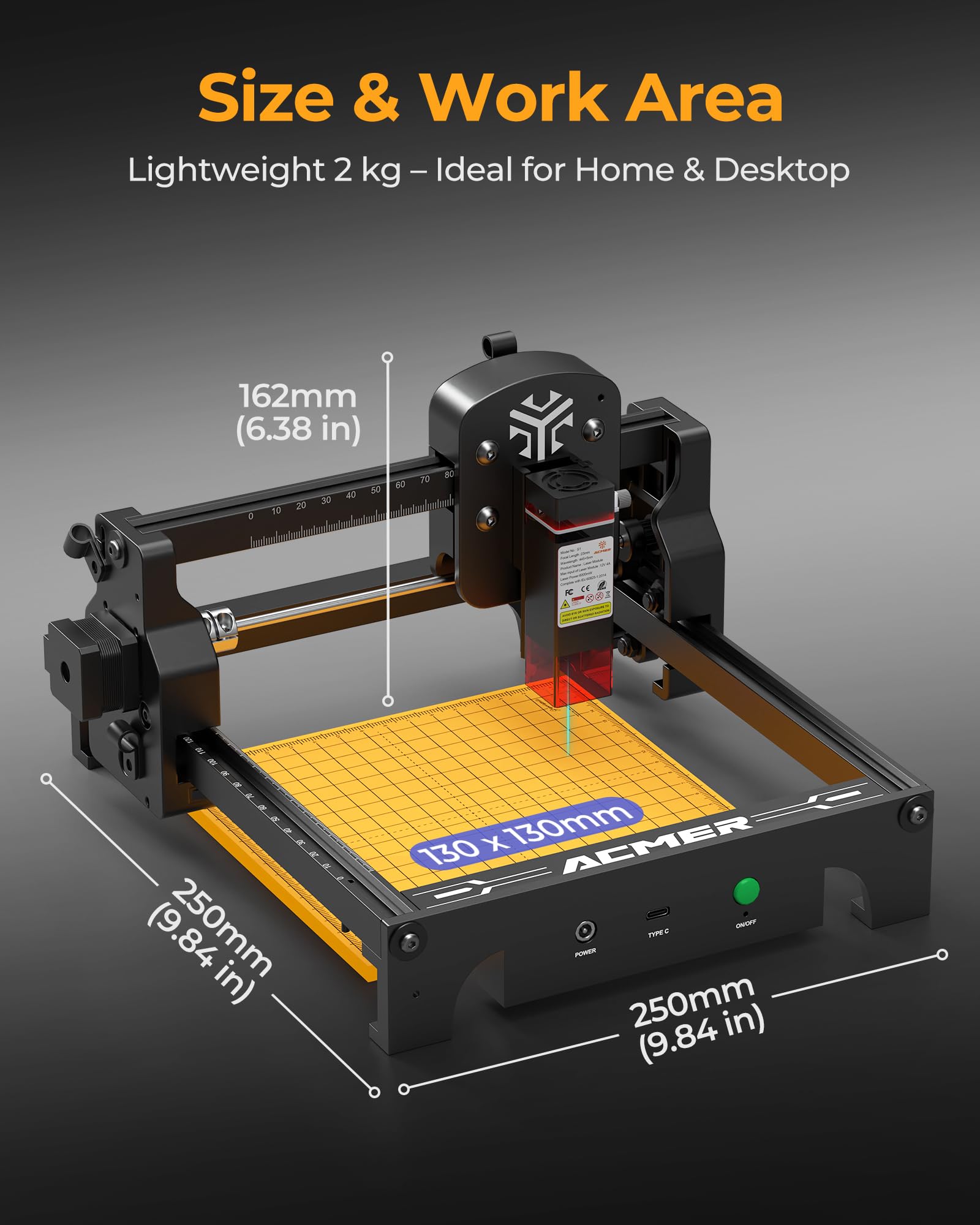 Acmer T1 Maszyna do grawerowania laserowego 2,5 W, przenośne mini urządzenie do grawerowania, precyzyjna wycinarka laserowa 0,01 mm, obszar roboczy 130 x 130 mm, grawerka laserowa do drewna, skóry