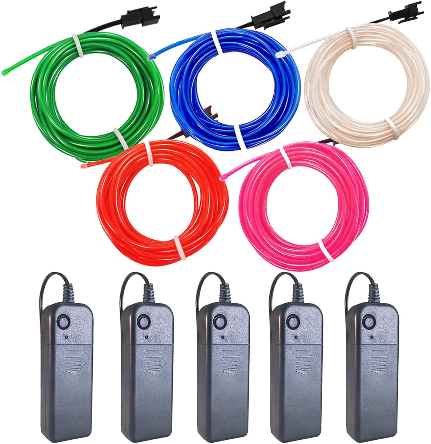 EL Wire - Portable Controller Adapter Neon Light, Cuttable Glowing Neon Strip for DIY Decoration. (Multicolor, 5pack-9ft)