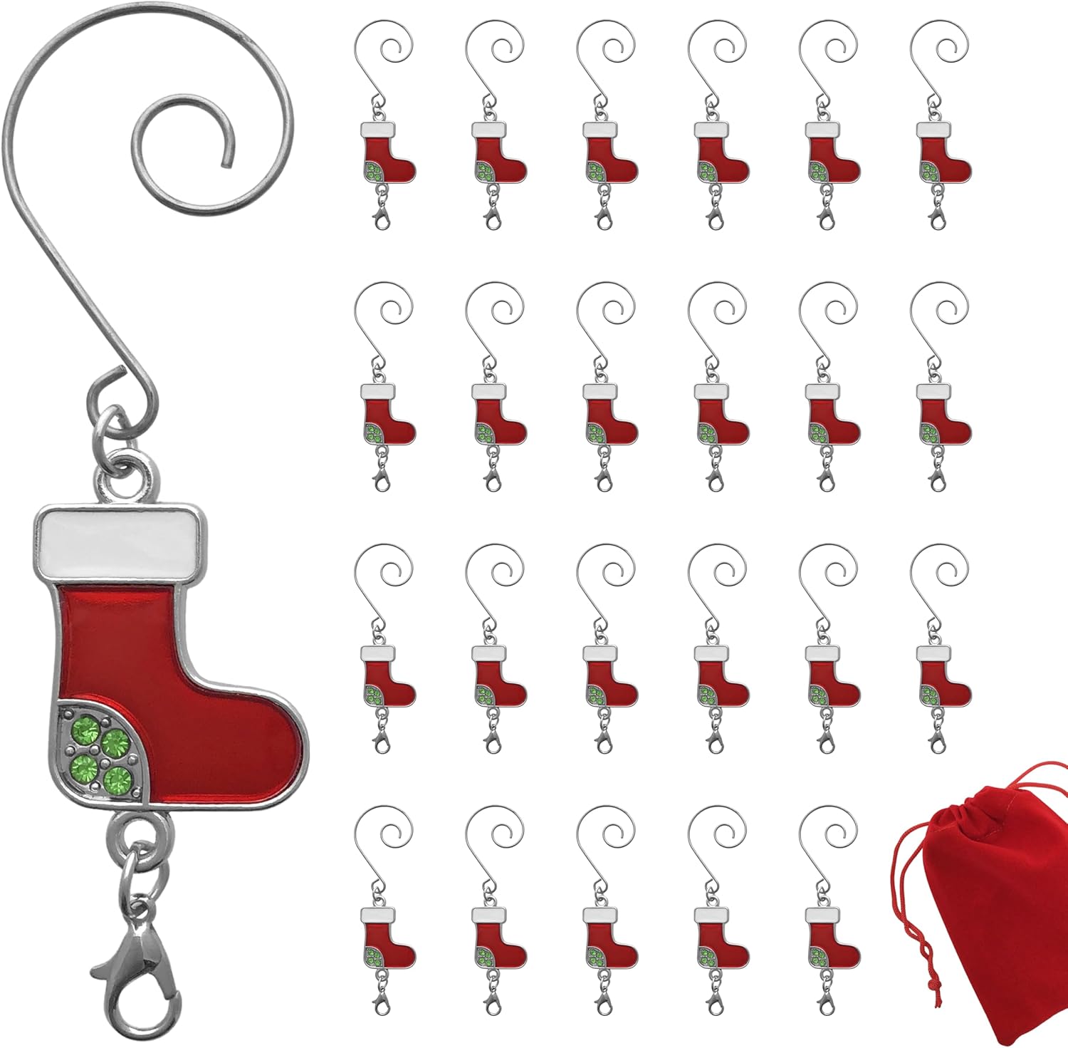 BANBERRY DESIGNS Christmas Boot Ornament Hooks with S-Hook and Lobster Claw - Set of 24 - Enameled Red & White Boot- Stocking with Green Jewels - Xmas Accent for Hanging Ornaments 3.5" L
