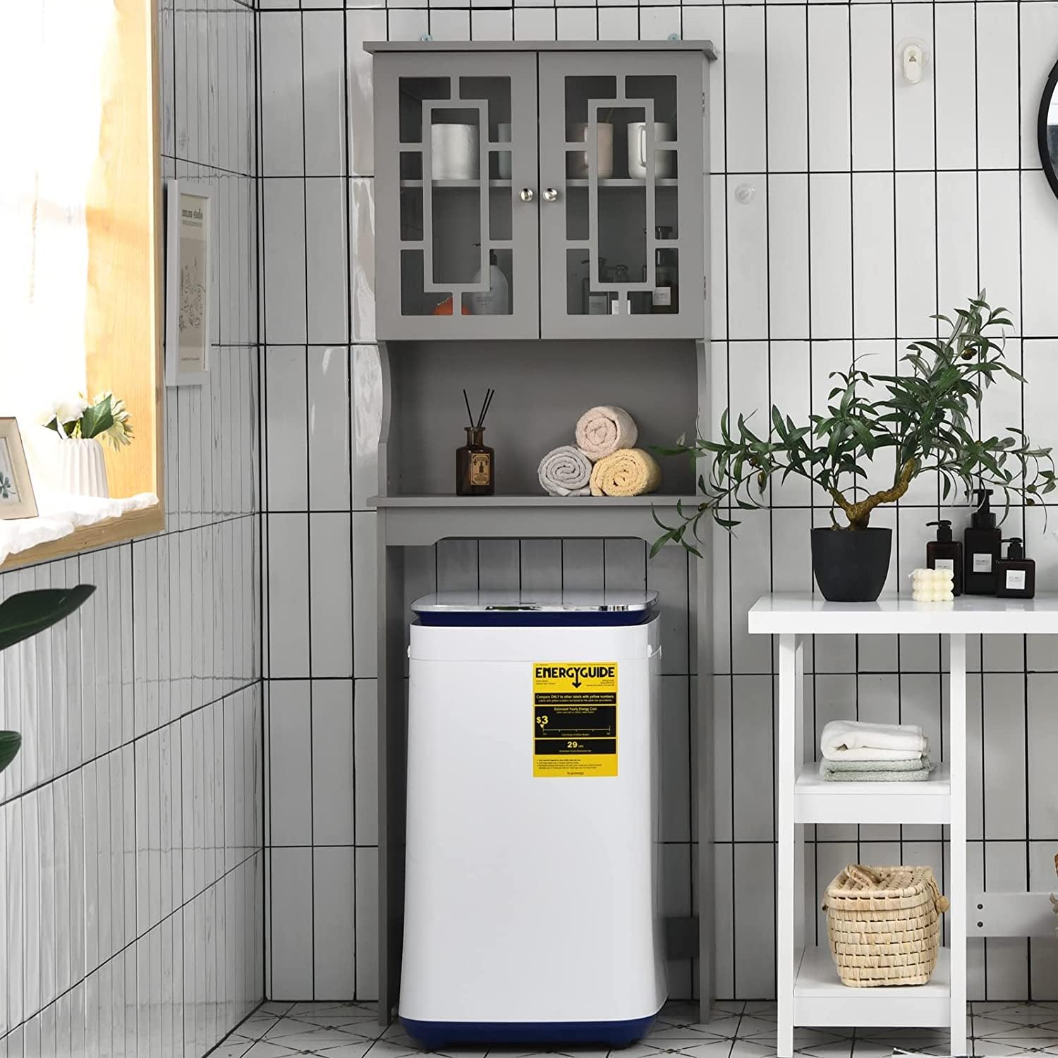 GRAFFY Over The Toilet Storage Cabinet, Bathroom Space Saver Stands with Adjustable Shelf, Open Storage Shelf & Double Doors, Freestanding Toilet Organizer, Wooden Above Toilet Rack, White (Grey)