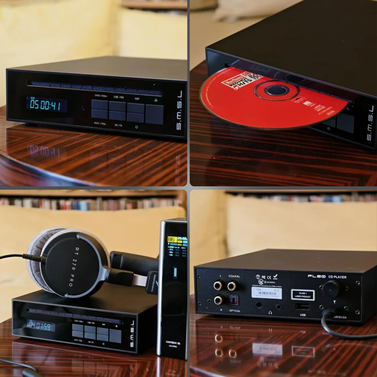 SMSL PL20 HiFi CD Player für Zuhause, USB-Laufwerk CD Ripper, Silber | CD Transport für Auto, CD/USB-Laufwerk/bluetooth-Eingang, RCA/3.5mm/4.4mm/bluetooth/optischer/koaxialer digitaler Ausgang