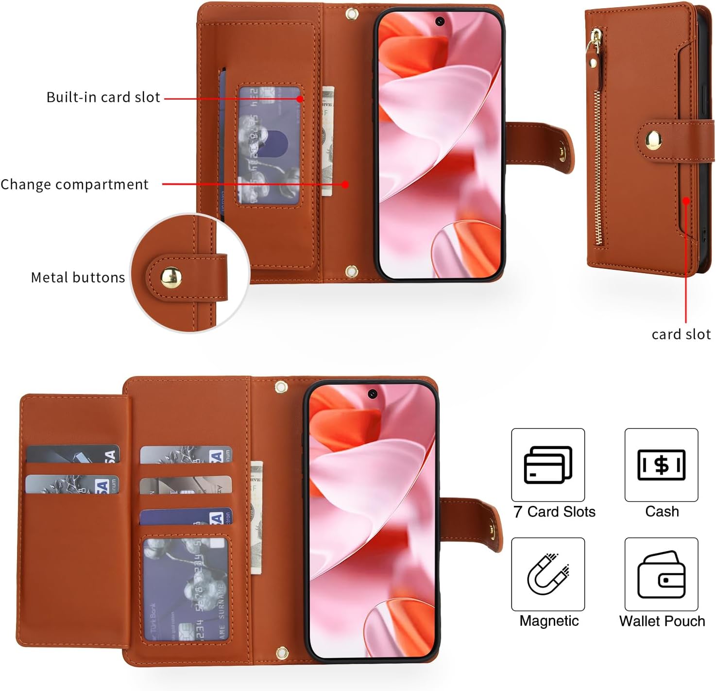 Asuwish Phone Case for Google Pixel 10/10 Pro 5G Zipper Wallet Cell Cover, with Tempered Glass Screen Protector and Crossbody Wrist Strap, Flip Credit Card Holder Pixel10 10Pro Ten Women Girls Brown