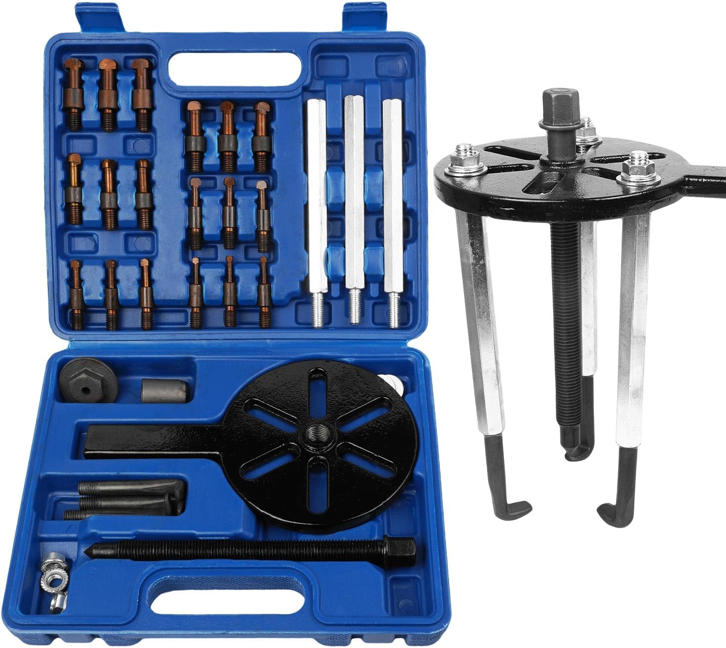 21 Pieces Bearing Puller Set, with Red Steel Collets, Inner Hole Puller, 3-Jaw Hook Puller, Multifunctional Bearing Removal Tool, Bearing Disassembly Gear Puller, Blue