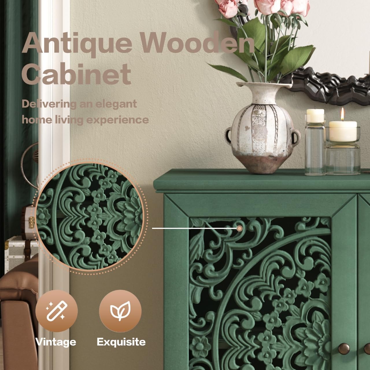 Accent Cabinet with 2 Doors Vintage Hollow Carving Buffet Cabinet with Adjustable Shelf and Symmetrical Floral Design, Console Table with Solid Wood Legs, Antique Green