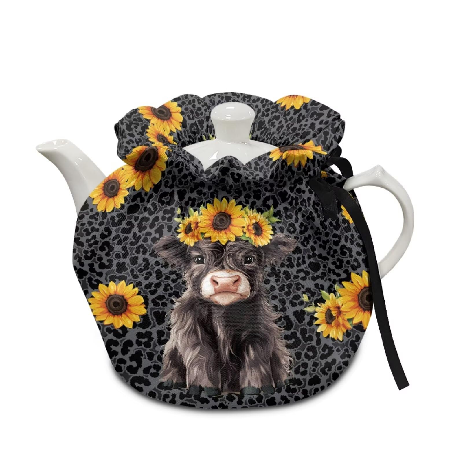 Poceacles Tea Cosy for Teapots Dust Cover Heat Resistant Tea Kettle Dust Cloth with Insulation Pad Kitchen Table Top Decor, Highland Cow Sunflower Leopard Print Grey