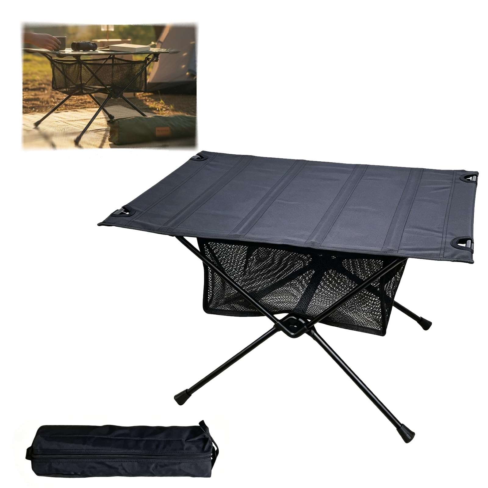 Tavolo da campeggio pieghevole, in alluminio, leggero, per picnic, feste, giardino, escursioni, viaggi, con borsa per il trasporto, nero