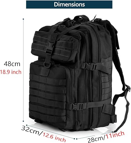 GUJOIN Zaino tattico da 50 litri con sistema molle, grande capacità militare, impermeabile, per emergenze di 3 giorni di caccia, escursionismo e campeggio, zaino per attività all'aperto, Nero , 50L - 8