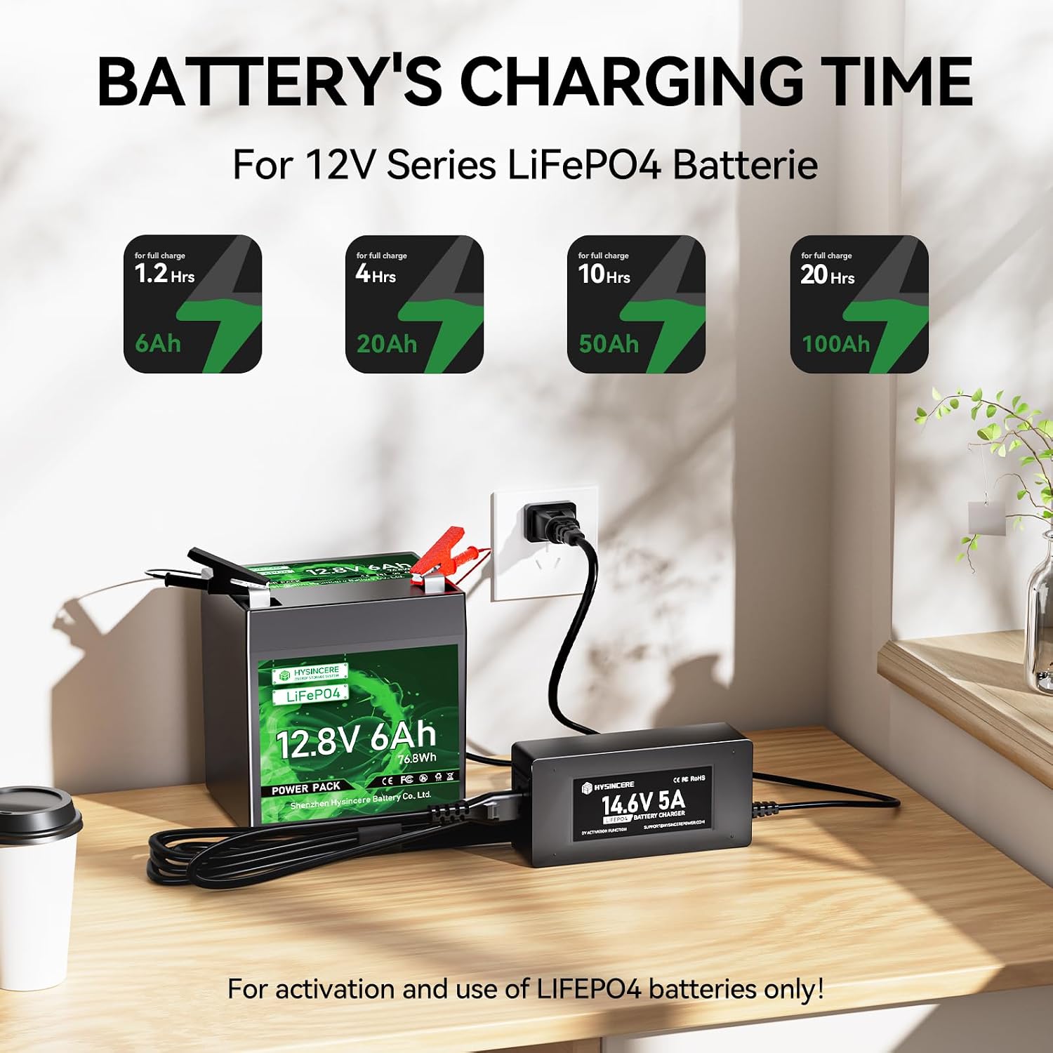 14.6V 5A Lithium Battery Charger 14.6V AC-DC LiFePO4 Lithium Battery Charger with Battery Clamps, Delicated LiFePO4 Battery Charger Special for Deep Cycle Rechargeable Batteries