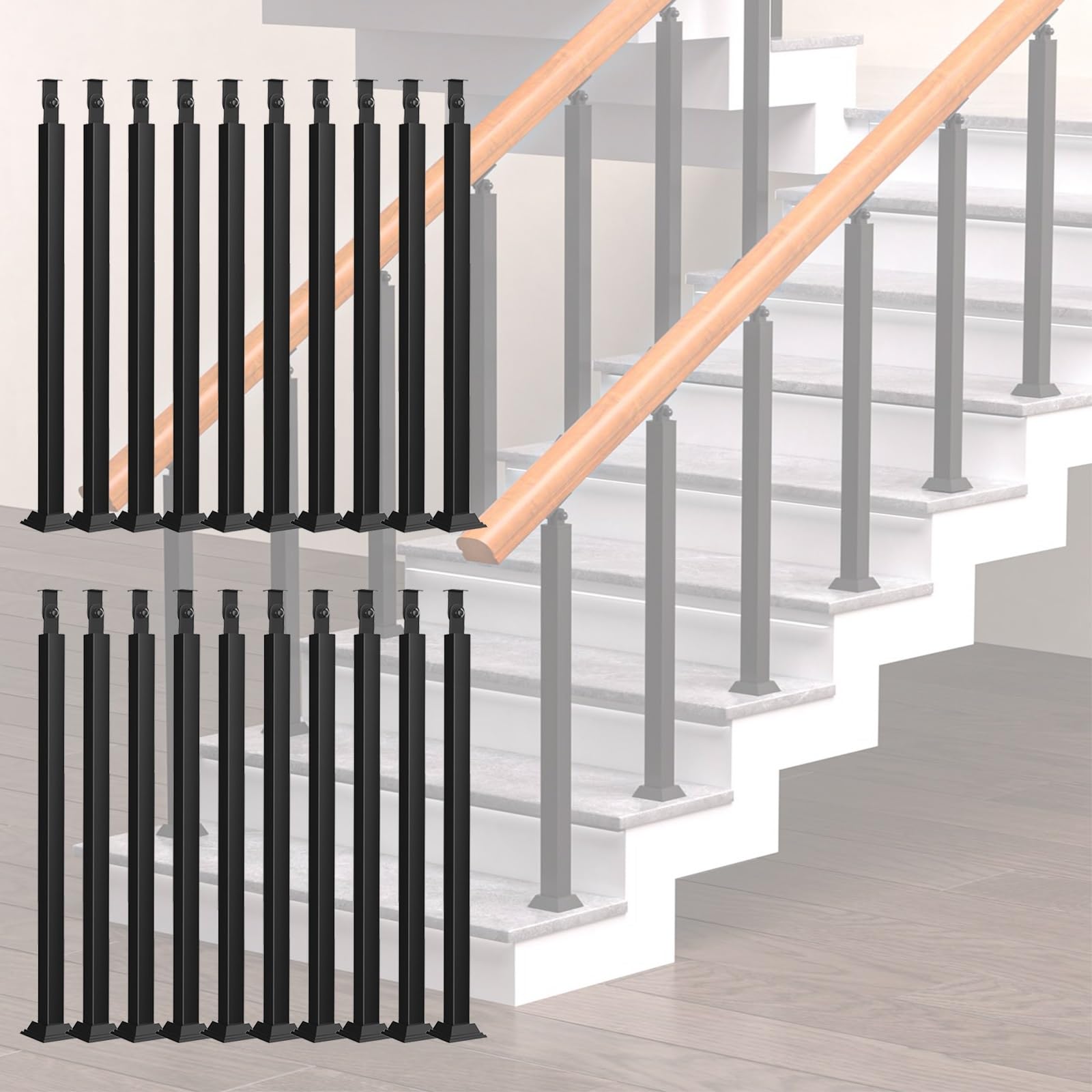 Poteaux de balustre carrés 65 cm noir lot de 20 barreaux de garde-corps avec embase plate
