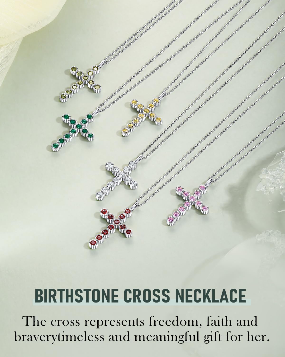 925 Sterling Silver Created Birthstone Cross Pendant Necklace for Women 18 inch Birhtday Christian Religious Jewelry