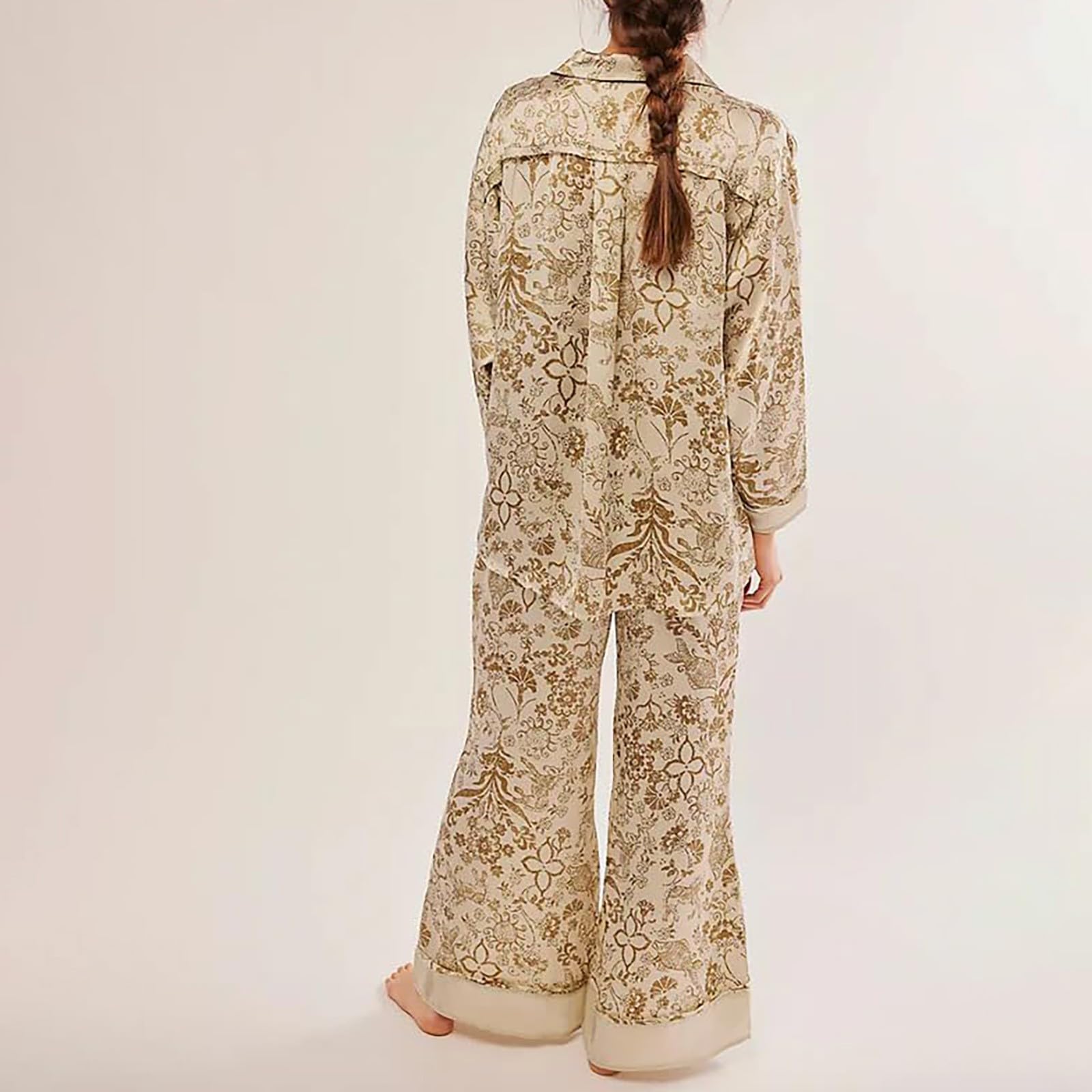 Générique Pantaloni Pigiama Stampati Donna Raso Pigiama Donna Seta Manica Lunga 2026 Nuovo Set con Motivo Loungewear Casual Ampia Biancheria Da Notte Sottile Leggero Pantaloni Fluidi T-shirt