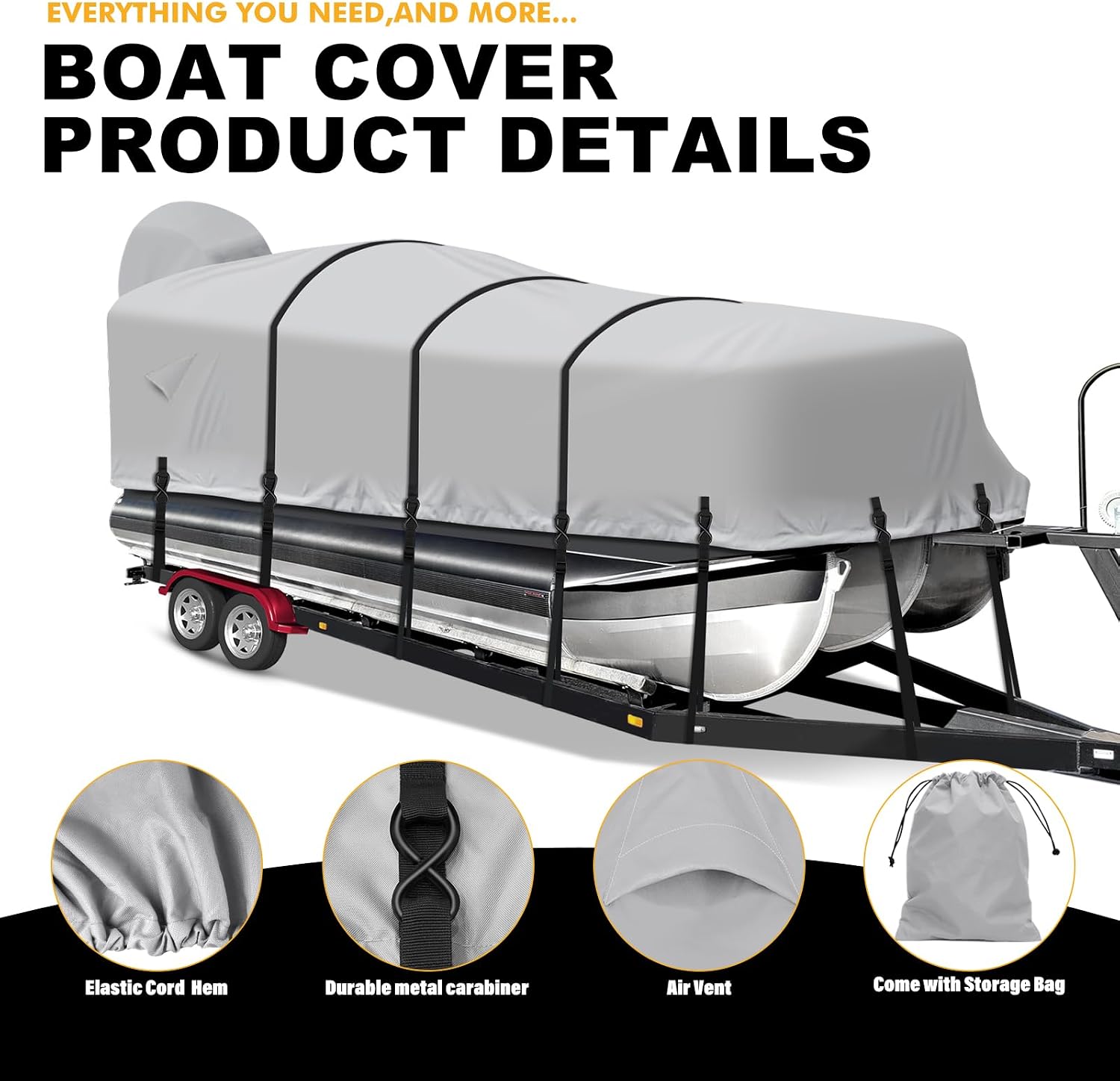 Pontoon Boat Cover,1200D Heavy Duty Waterproof Pontoon Cover with Motor Cover and Windproof Adjustable Metal Hook, 21-24 ft,Gray
