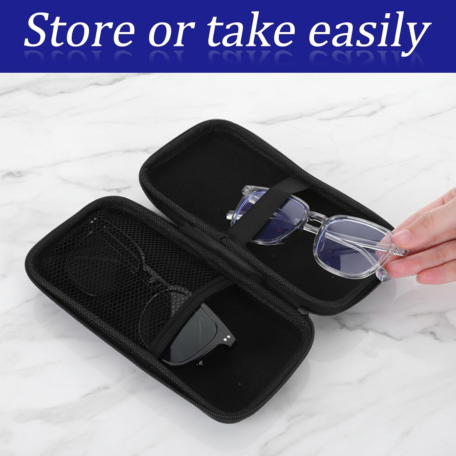 Double Eyeglasses Case Closure Travel Eyewear Storage Hard Shell Dual Glasses Case with Zipper Sunglasses Organizer Box for Men and Women