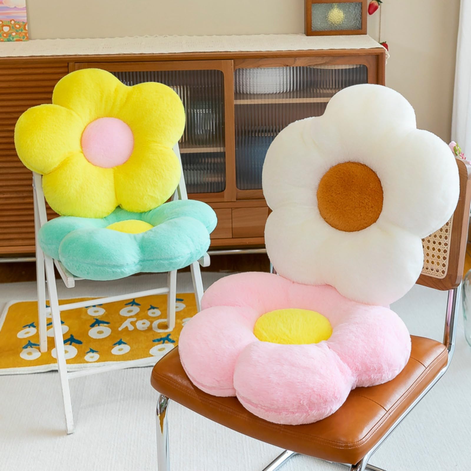 Flower Pillows Decorative Throw Pillows Fluffy Long Plush Cushion Waist Pillow for Girl Gift(A,35 * 35CM)