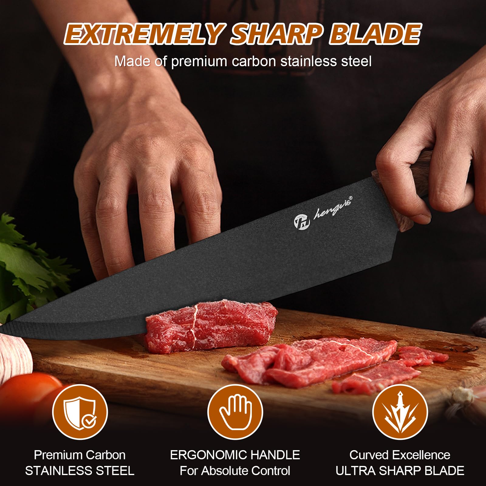 Set Cuchillos Cocina Profesional Juego de 7 Piezas con Soporte de Madera - Acero Inoxidable Alemán 58HRC | Mangos Ergonómicos Antideslizantes | Para Chef y Uso Doméstico