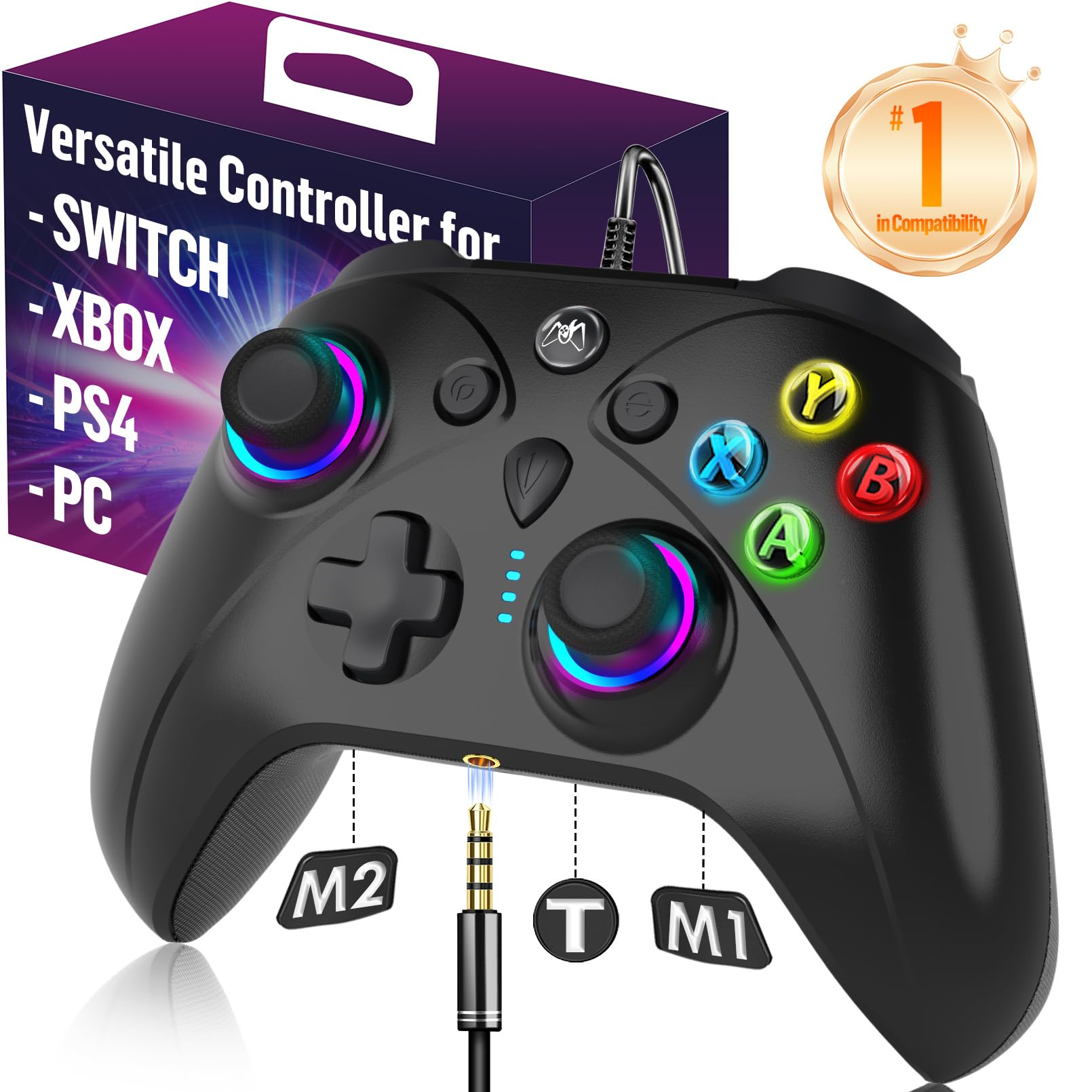 Ruibopad Kabelgebundener PC Controller, Gamepad für Windows PC (Steam), Offizielle Alternative, mit ALPS Joystick (kein Stick-Drift), TURBO, 1000Hz Polling Rate, 2.5m Anti-Tension Kabel, Schwarz