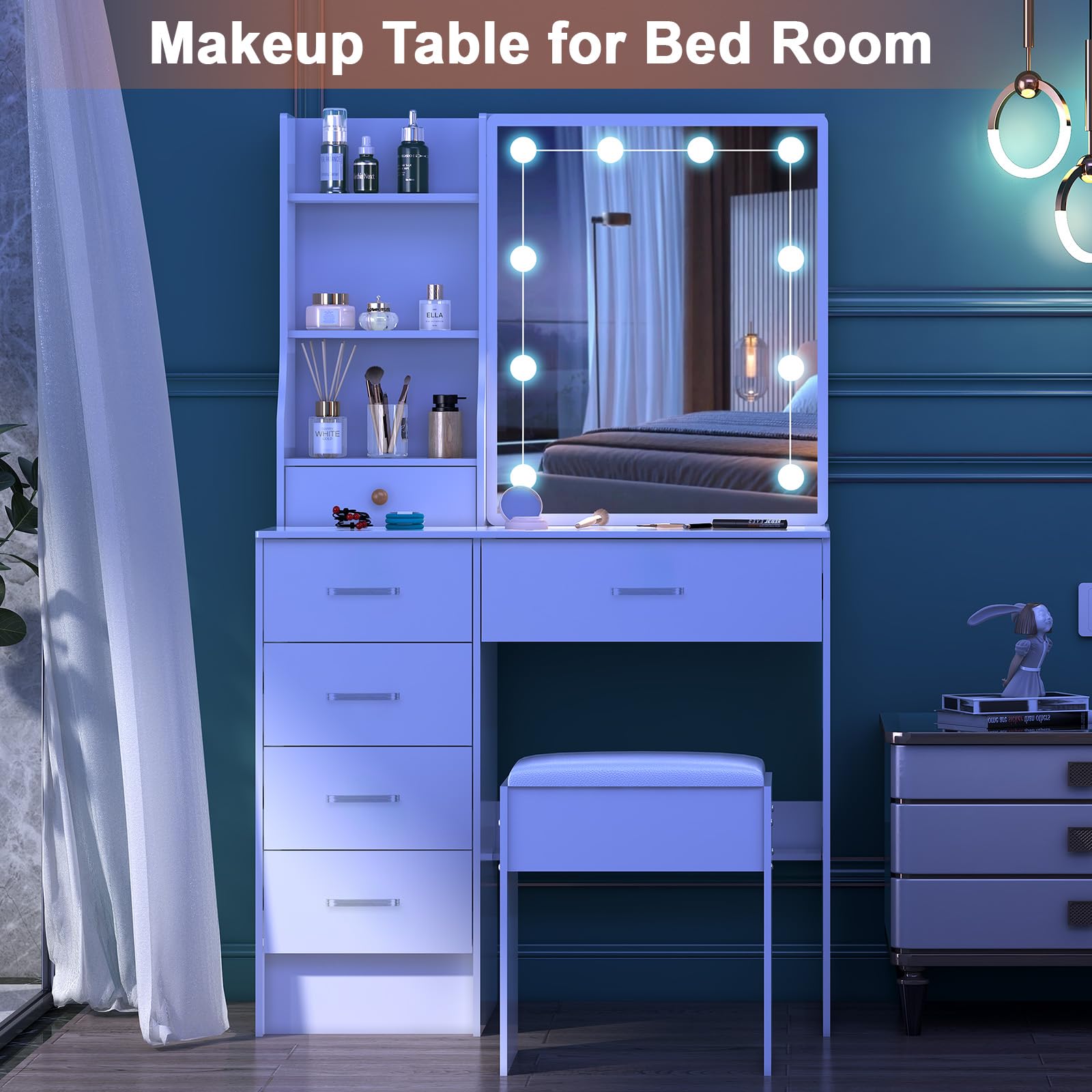 Toeletta con Specchio Illuminato e Sgabello, Luci LED Regolabili, Tavolo Trucco con 6 Cassetti, 6 Ripiani, Guida Video, Bianco 36×80×131 cm H07818