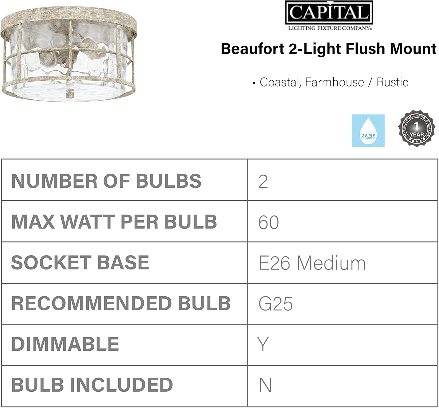 Capital Lighting 225021MS Beaufort Drum Clear Water Glass Flush Mount Ceiling Light, 2-Light 120 Total Watts, 7" H x 13" W, Mystic Sand