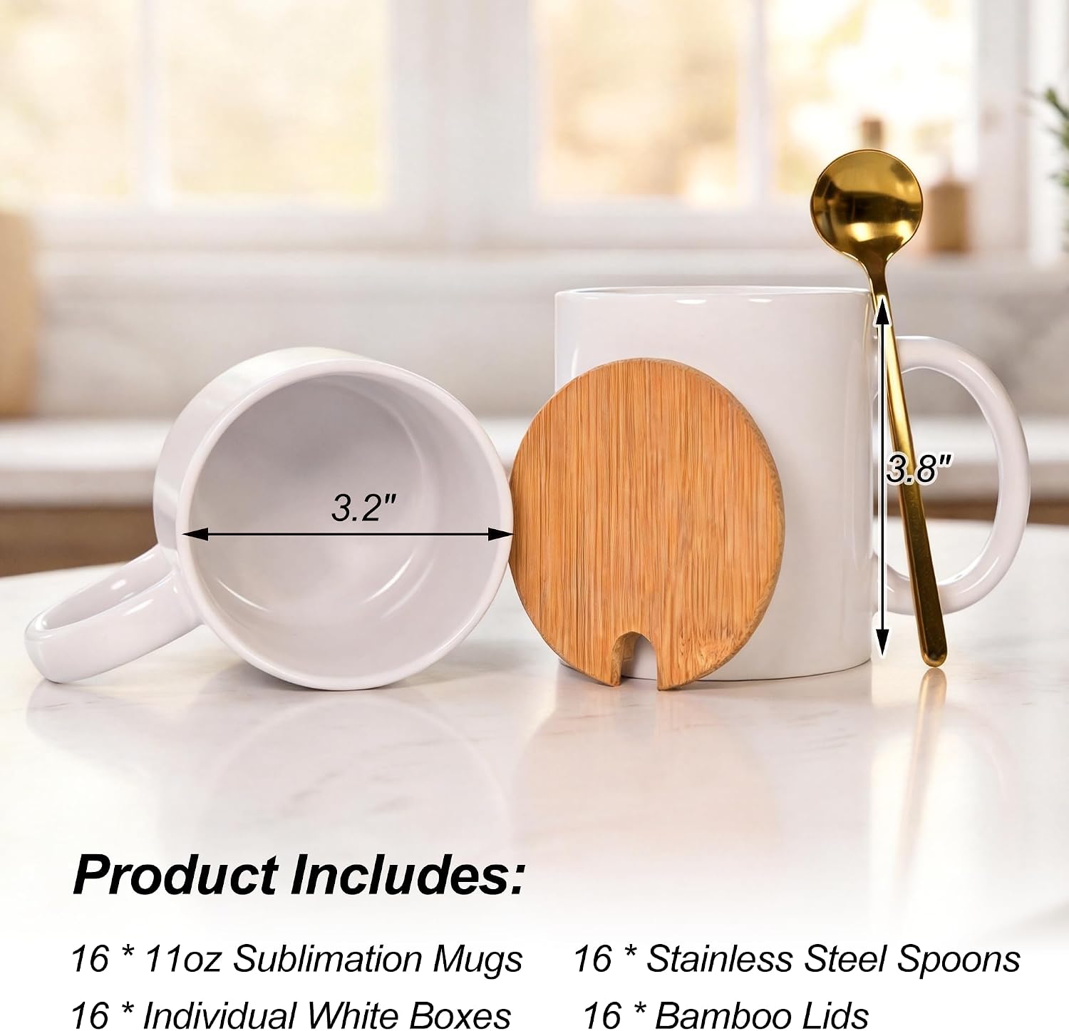16Pack Sublimation Mugs Blanks, 11oz Sublimation Coffee Mug Bulk, Tazas Para Sublimar White Ceramic Cups with Bamboo Lid and Stainless Steel Spoon for Latte, Hot Cocoa, Individually Boxed