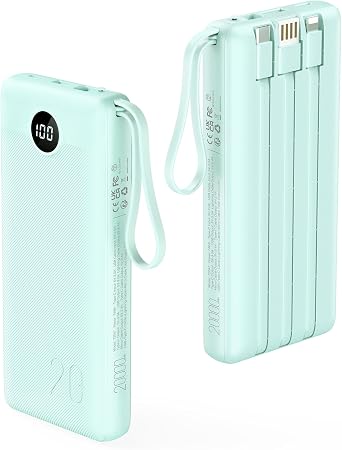 VRURC Portable Charger 20000mAh, Built-in Cables Fast Charging Power Bank, PD QC 3.0 Travel Essentials Battery Pack, 4 Output & 2 Input Phone Charger for iPhone, Samsung, Android