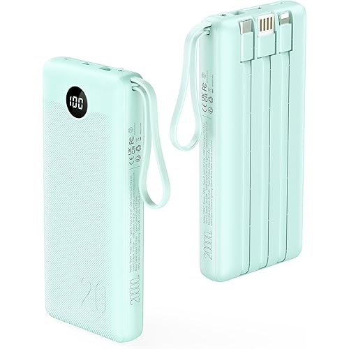 VRURC Portable Charger 20000mAh, Built-in Cables Fast Charging Power Bank, PD QC 3.0 Travel Essentials Battery Pack, 4 Output & 2 Input Phone Charger for iPhone16 15 14 13 X, Samsung, Android