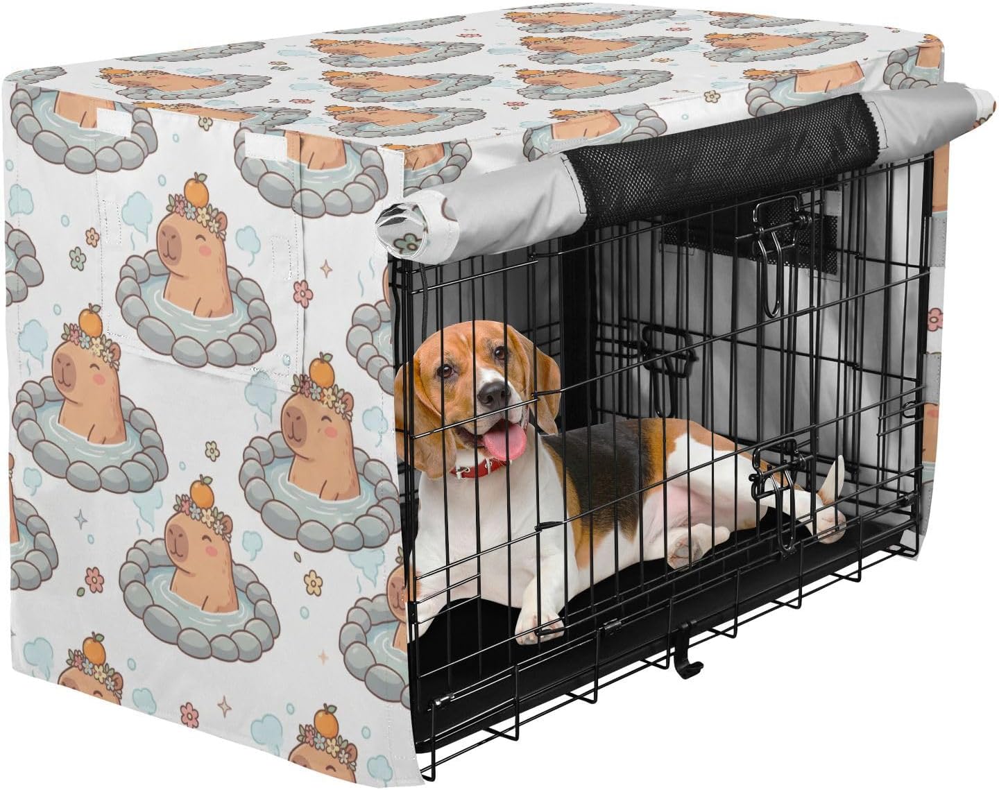 Duty 600D Silver Coated Dog Crate Cover, Water-Resistant Capybaras Print Pet Kennel Canopy with Mesh Windows for Optimal Ventilation, Universal Fit for Standard Wire Cage, Indoor & Travel