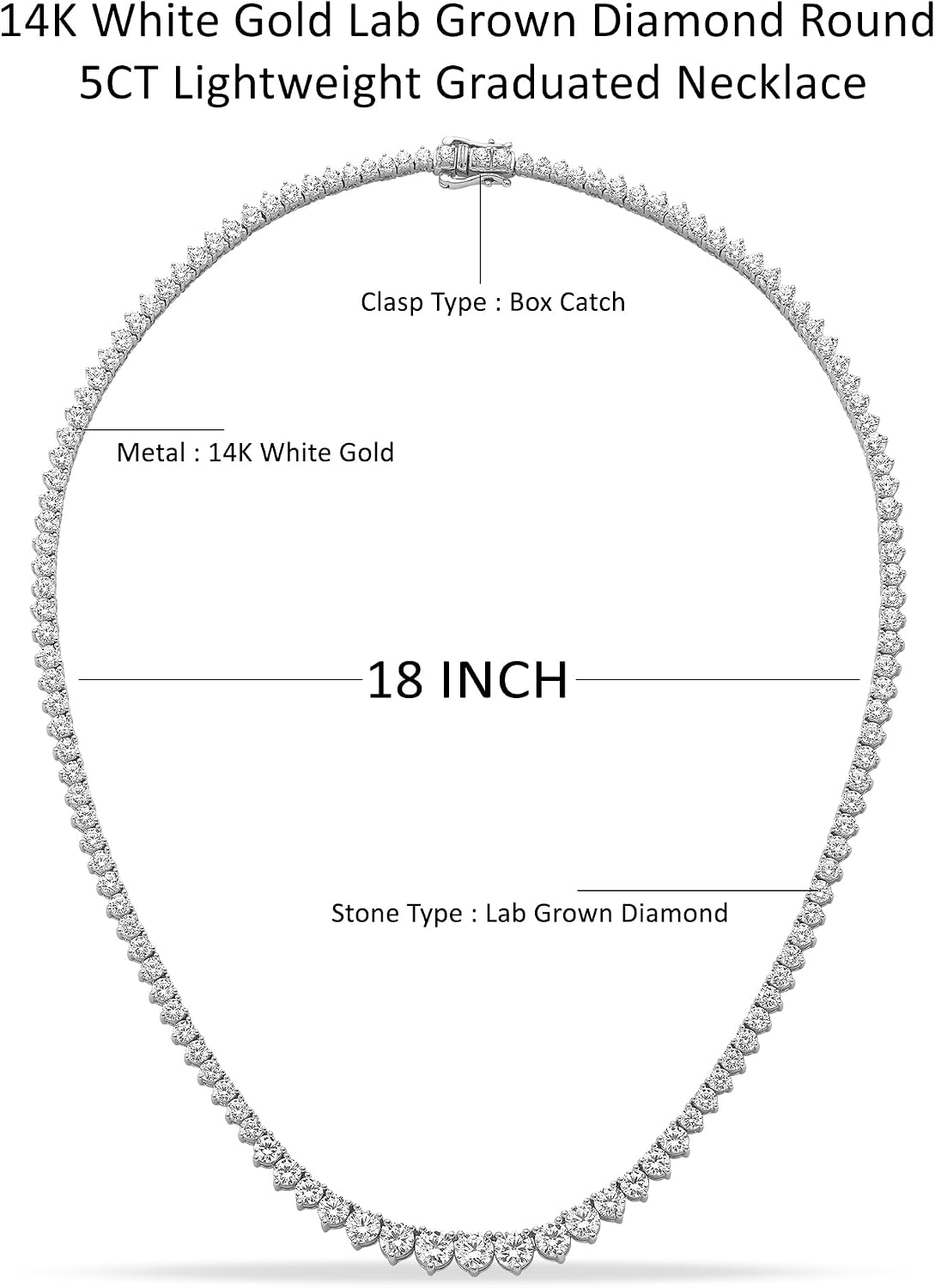 5 Carat to 35 Carat Graduated Lab-Grown Diamond Three prong Tennis Necklace 18 inch | 14K Yellow or White Gold Necklace | E-F Color and VS1 Clarity