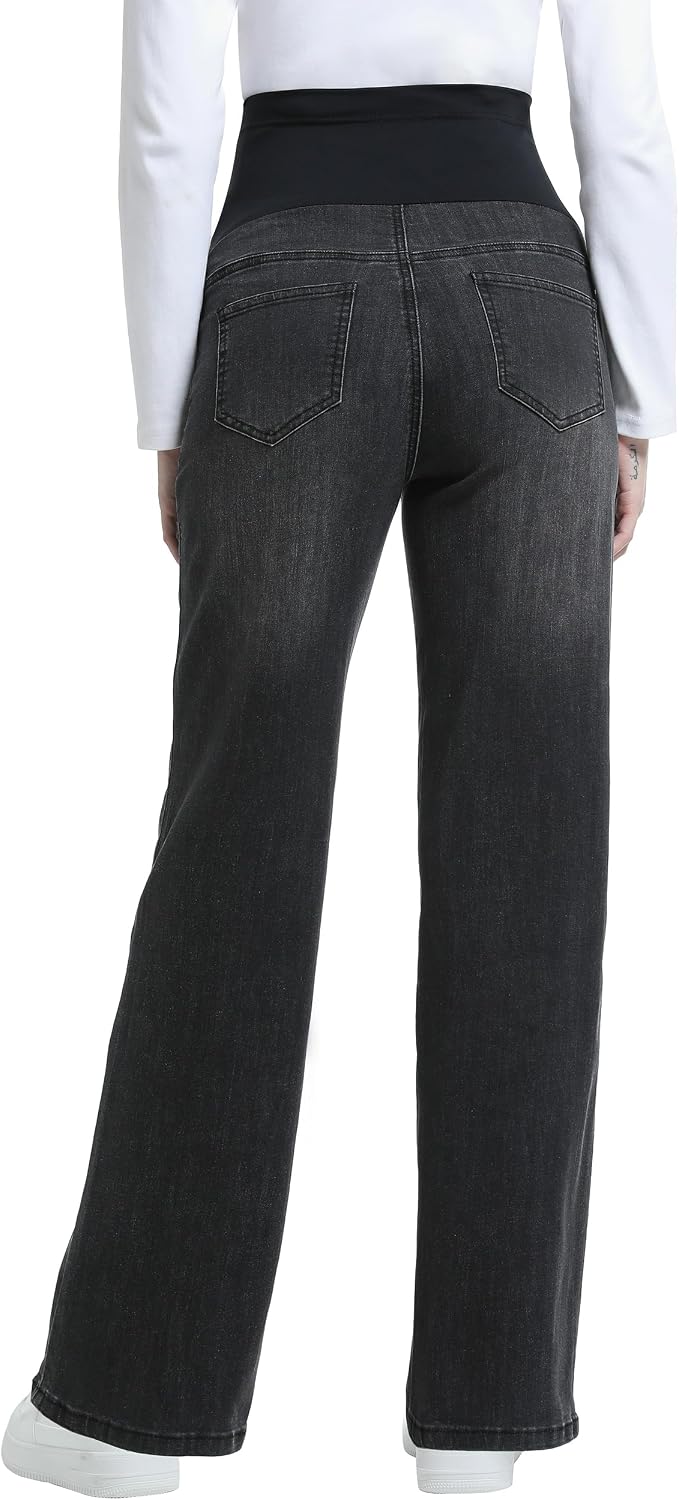 Women's Maternity Jeans Wide Leg Over Belly Comfy Stretch Straight Legs Pregnancy Denim Pants with Pockets