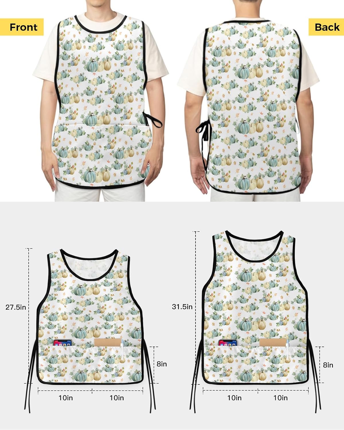 Unisex Cobbler Apron with 2 Pockets, Watercolor Artwork Thanksgiving Pumpkin and Leaves Waterproof Vest Kitchen Chef Apron, Smock Apron Vest Cobbler Aprons for Women Men, 2 Pack, 20” x 27.5”