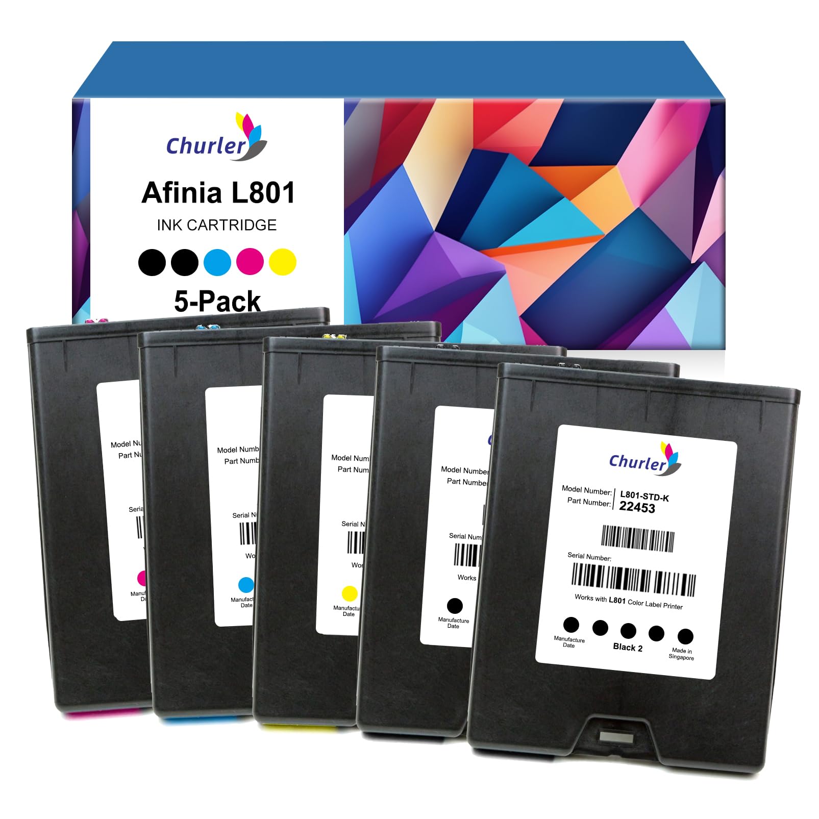Churler L801 Ink Cartridges Compatible with Afinia L801 Industrial Color Label Printer 5 Pack （Yellow/Magenta/Cyan/Black *2）