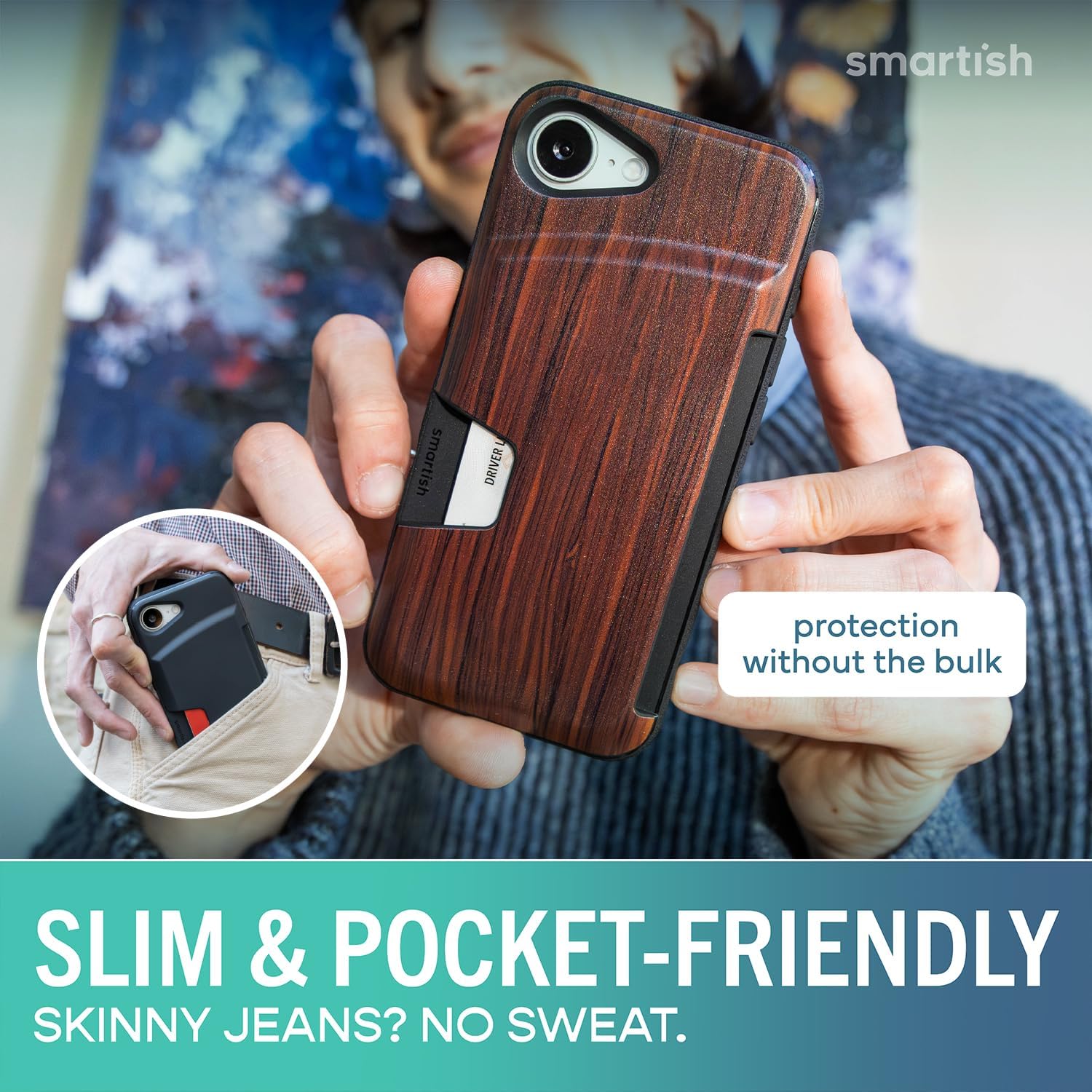 Smartish® iPhone 17e/16e Wallet Case - Wallet Slayer Vol. 1 [Slim + Protective] Credit Card Holder - Drop Tested Hidden Credit Card Slot Cover for Apple iPhone 17e/16e - Walnut Woods