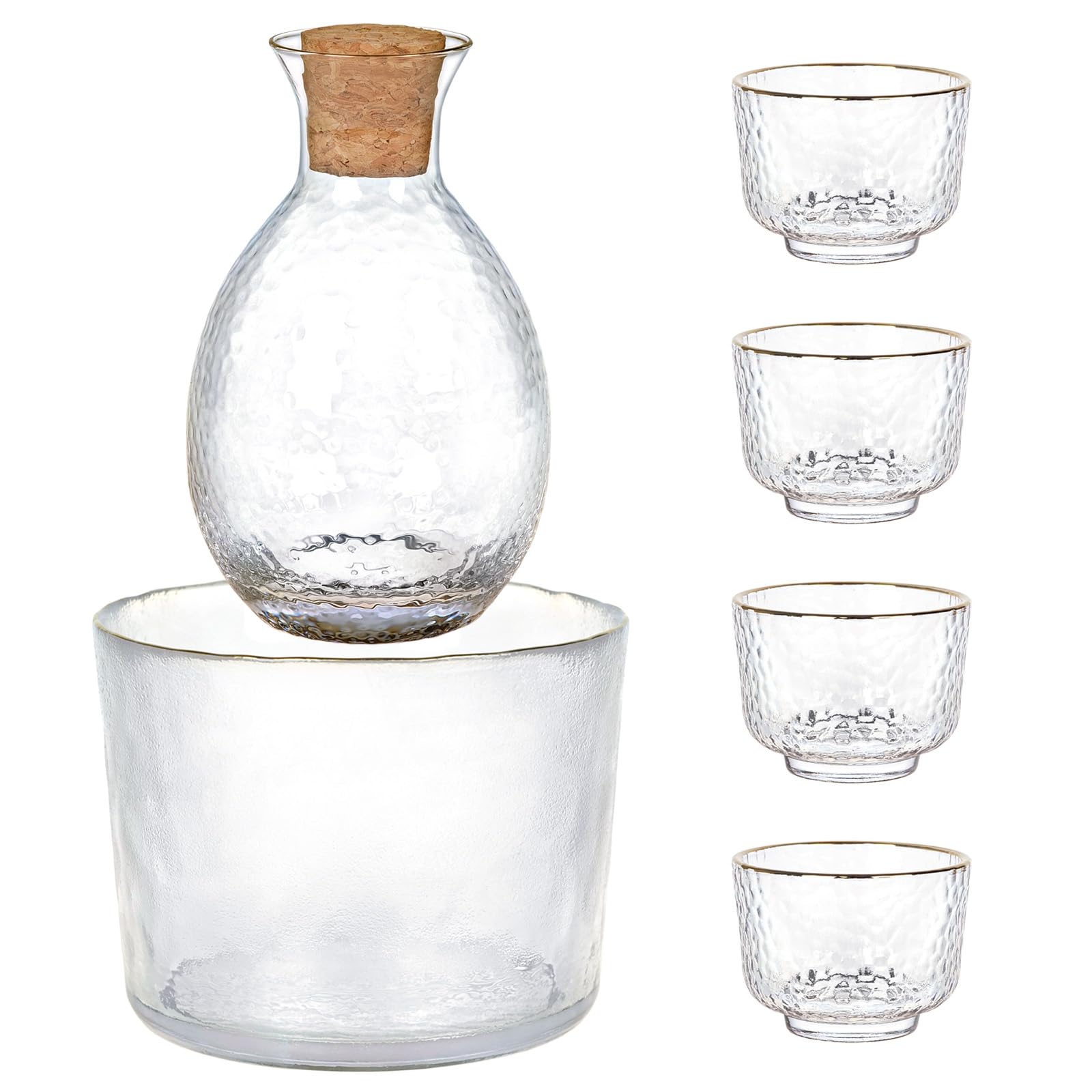 Set di sake giapponese, in vetro, 6 pezzi, con caraffa e ciotola di conservazione calda, servizio di ciotole per sake
