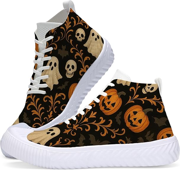 Women's Fashion Casual Sneakers Retro Halloween Pumpkin Pattern Breathable High Top Knit Shoes