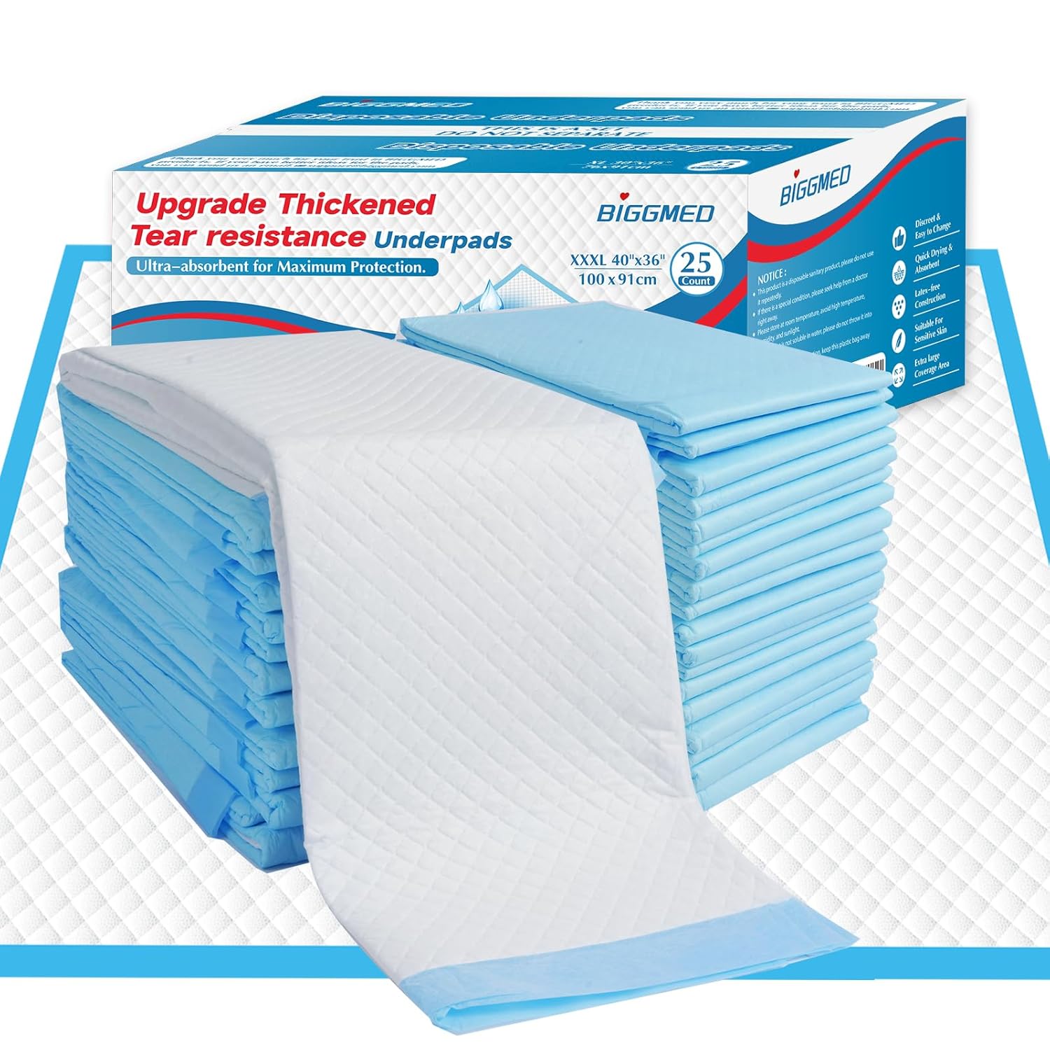 Tear-Resistant Incontinence Bed Pads 40 x 36 130 Gram Heavy Duty 25 Count Disposable Underpads Chucks Pads for